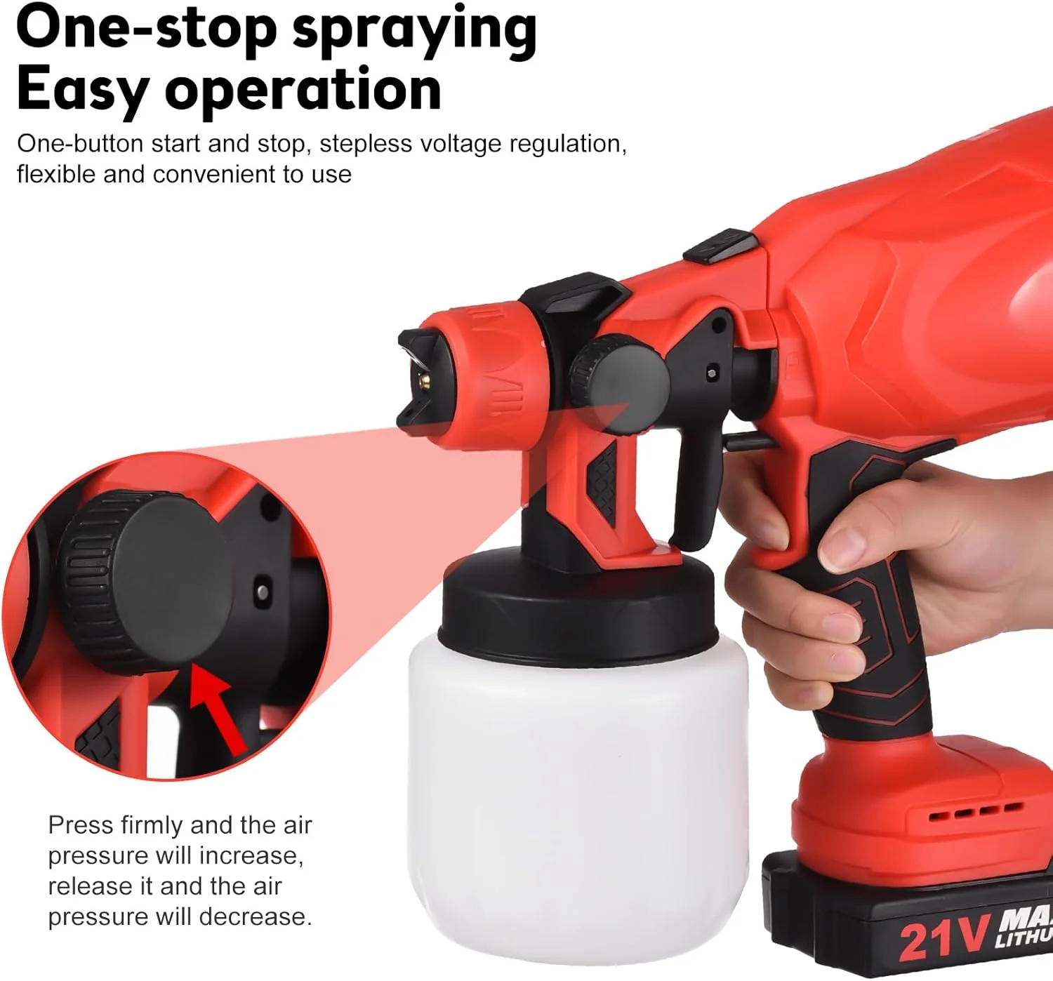 پیستوله رنگ پاش شارژی 21 ولت با 4 نازل مسی، 3 الگو، مخزن 800 میلی لیتری برای مبلمان، حصار، دیوارها، درب، باغ