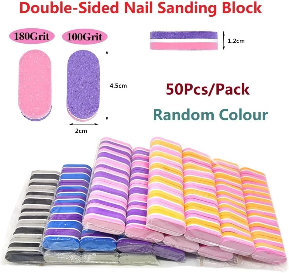 بلاک های مینی بافر ناخن، 50 عدد در بسته، سمباده زنی دو طرفه ناخن با درجه زبری 100/180، ابزار مانیکور پدیکور برای پیرایش، شکل دادن، از بین بردن ناهمواری ها و پولیش ناخن
