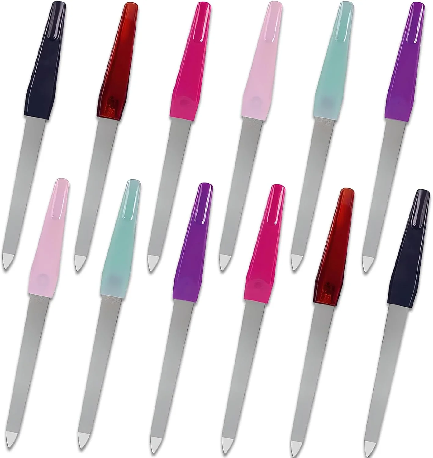 ست سوهان ناخن فلزی (12 عددی) - سوهان ناخن استیل ضد زنگ برای ناخن های طبیعی، سوهان ناخن انگشتی شمشیری شکل با دسته ضد لغزش و نوک تیز