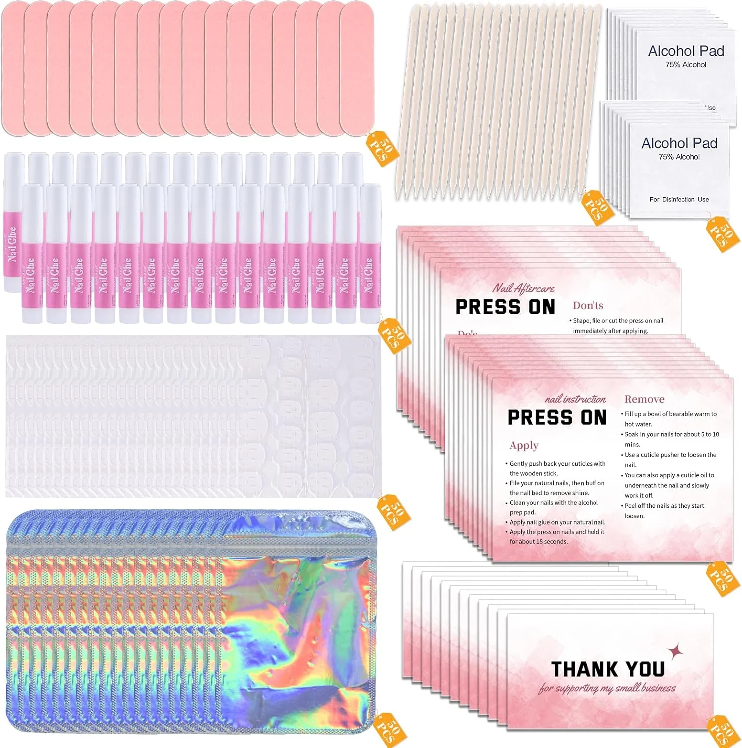 کیت ابزار ناخن مصنوعی برای کسب و کار - کیت یکبار مصرف آماده سازی و نصب شامل سوهان، چسب، پدهای آماده سازی، کارت راهنما، برچسب های چسبی، چوب مانیکور، کیف هولوگرافی (50 عدد صورتی)