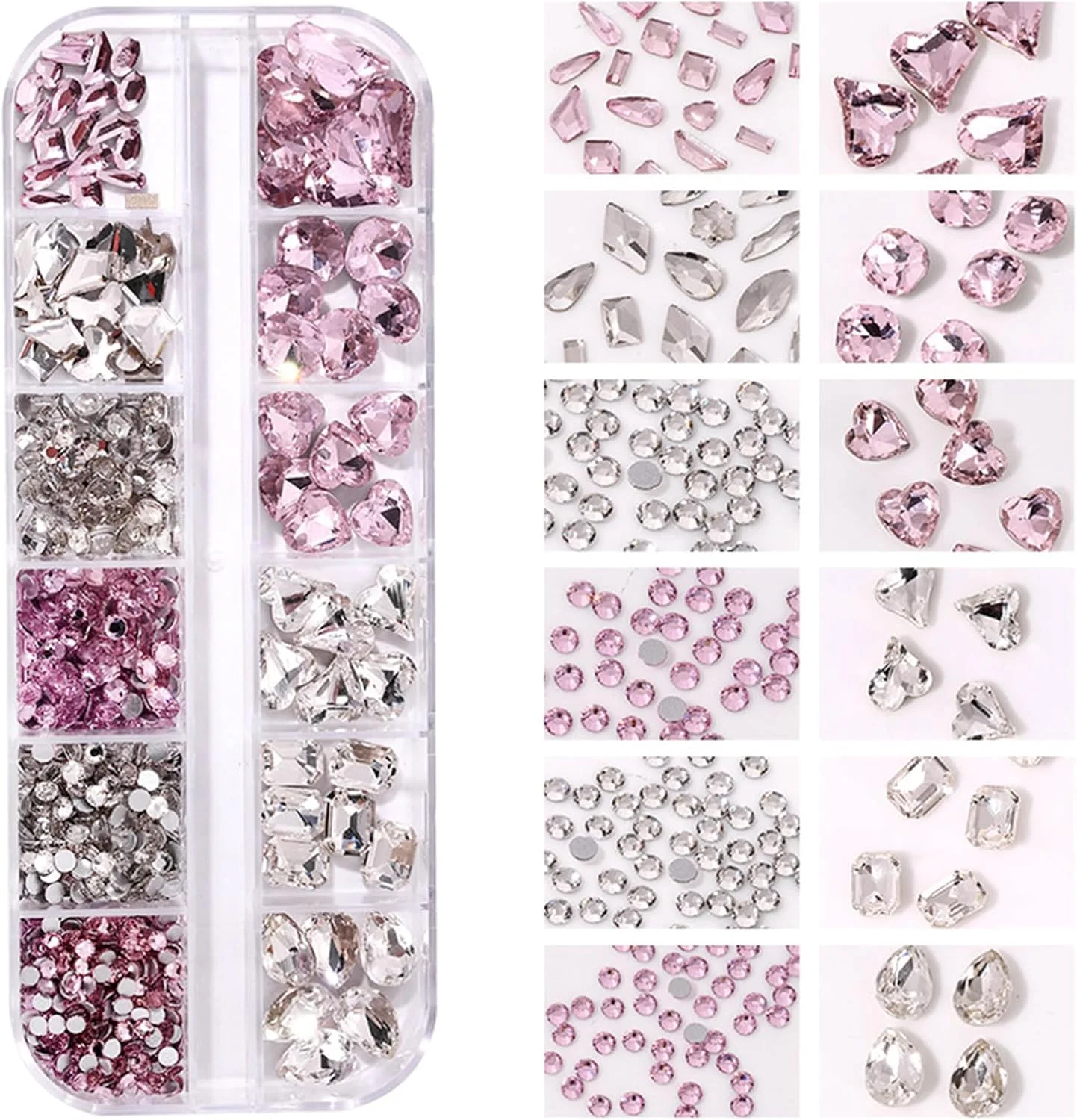 مجموعه مته ناخن 12 خانه HELEMIY، مته های نگین دار شکل دار، مته ته تیز، بسته ترکیبی، مته جواهرات ناخن، مجموعه خودت بساز