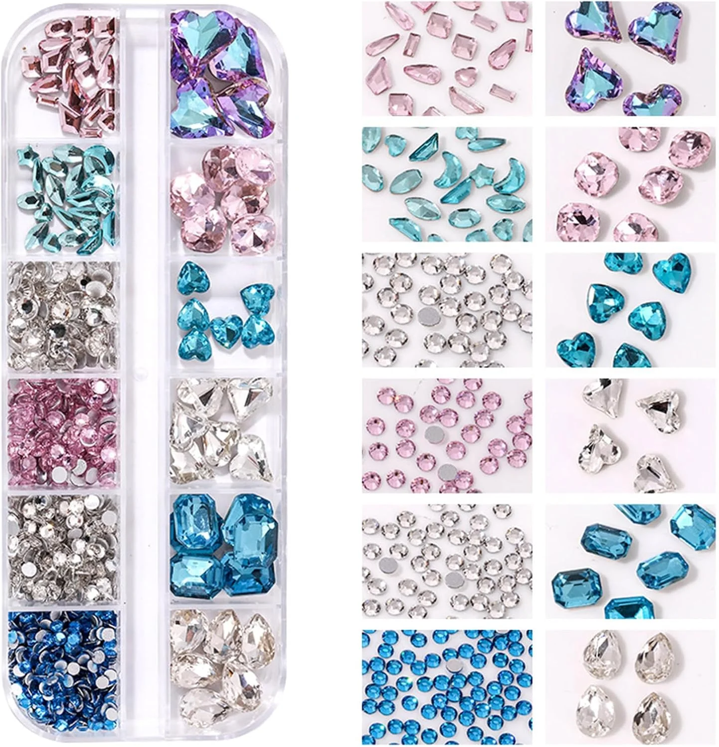 مجموعه مته ناخن 12 خانه HELEMIY، مته های نگین دار شکل دار، مته ته تیز، بسته ترکیبی، مته جواهرات ناخن، مجموعه خودت بساز