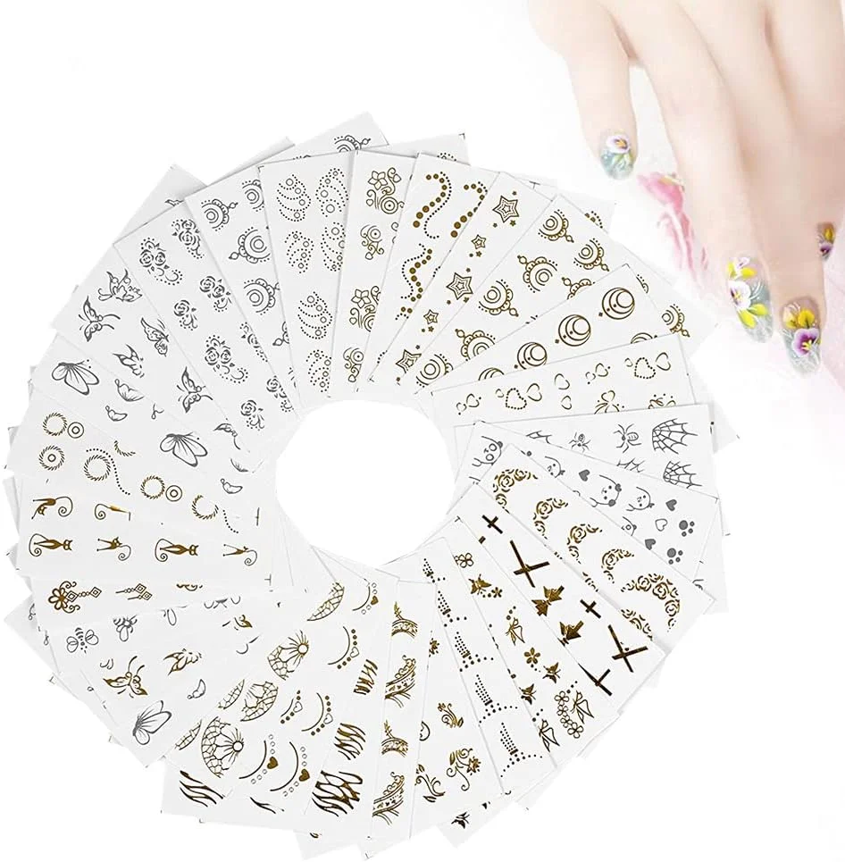 فاوونو 30 برگ استیکر ناخن طرح طلایی/نقره ای سه بعدی، برچسب های انتقال آب ناخن، کاغذ ناخن، نکته زیبایی DIY