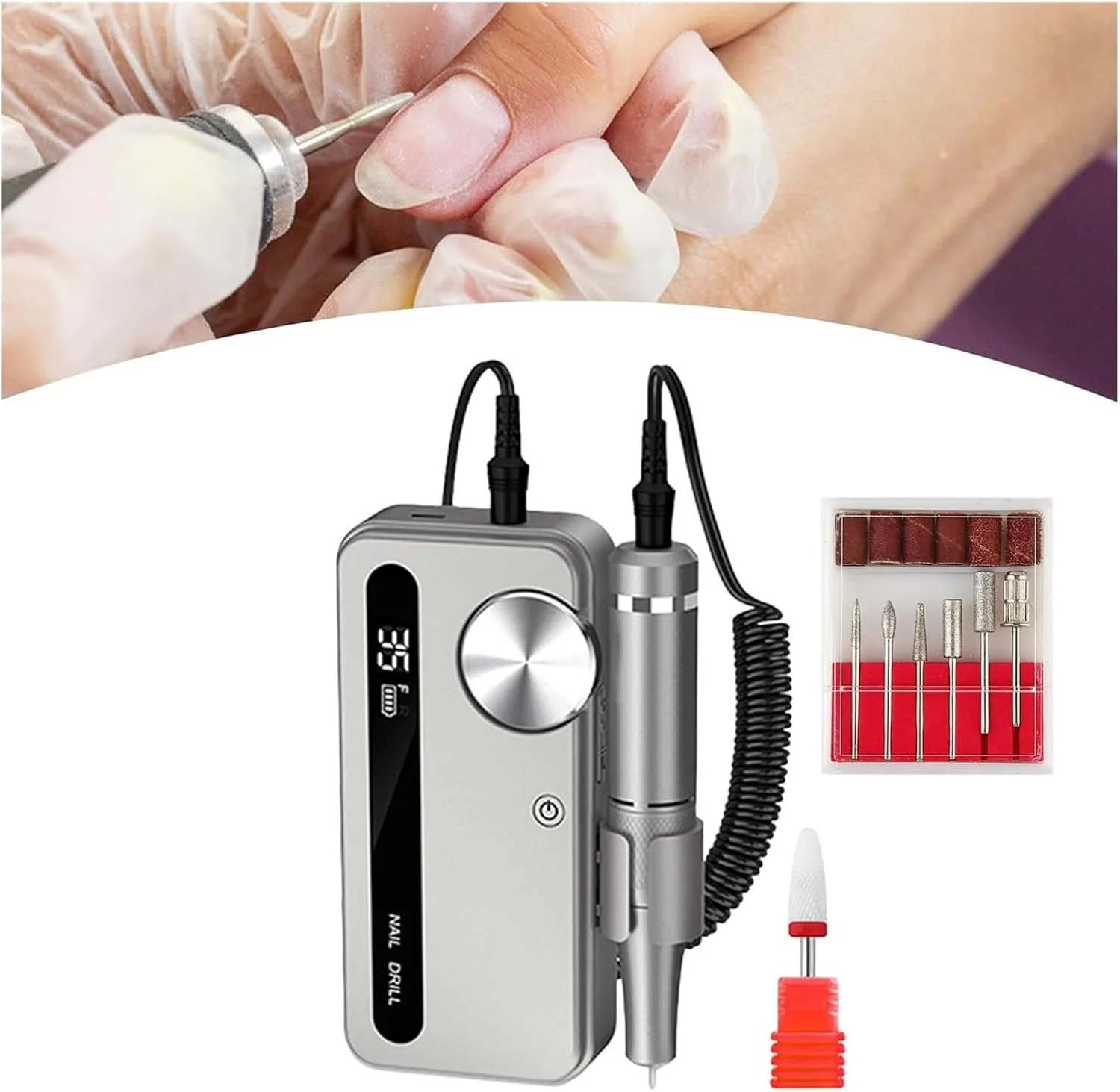 دستگاه مانیکور برقی، دستگاه پولیش و براق کننده ناخن، دستگاه سوهان برقی ناخن، دستگاه دریل ناخن قابل شارژ سریع 35000 دور در دقیقه، ابزار دریل ناخن قابل حمل، دریل ناخن با 6 سر (خاکستری)