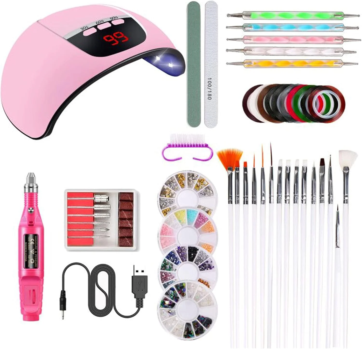 ست ابزار طراحی ناخن HELEMIY شامل دستگاه خشک کن لاک ناخن، قلم طراحی ناخن با قابلیت شارژ USB، دسته دریل ناخن، برس های طراحی ناخن، ابزار نقطه گذاری ناخن، تزئینات ناخن، نوار طراحی ناخن و سنگ های تزئینی رنگی برای زیبایی ناخن