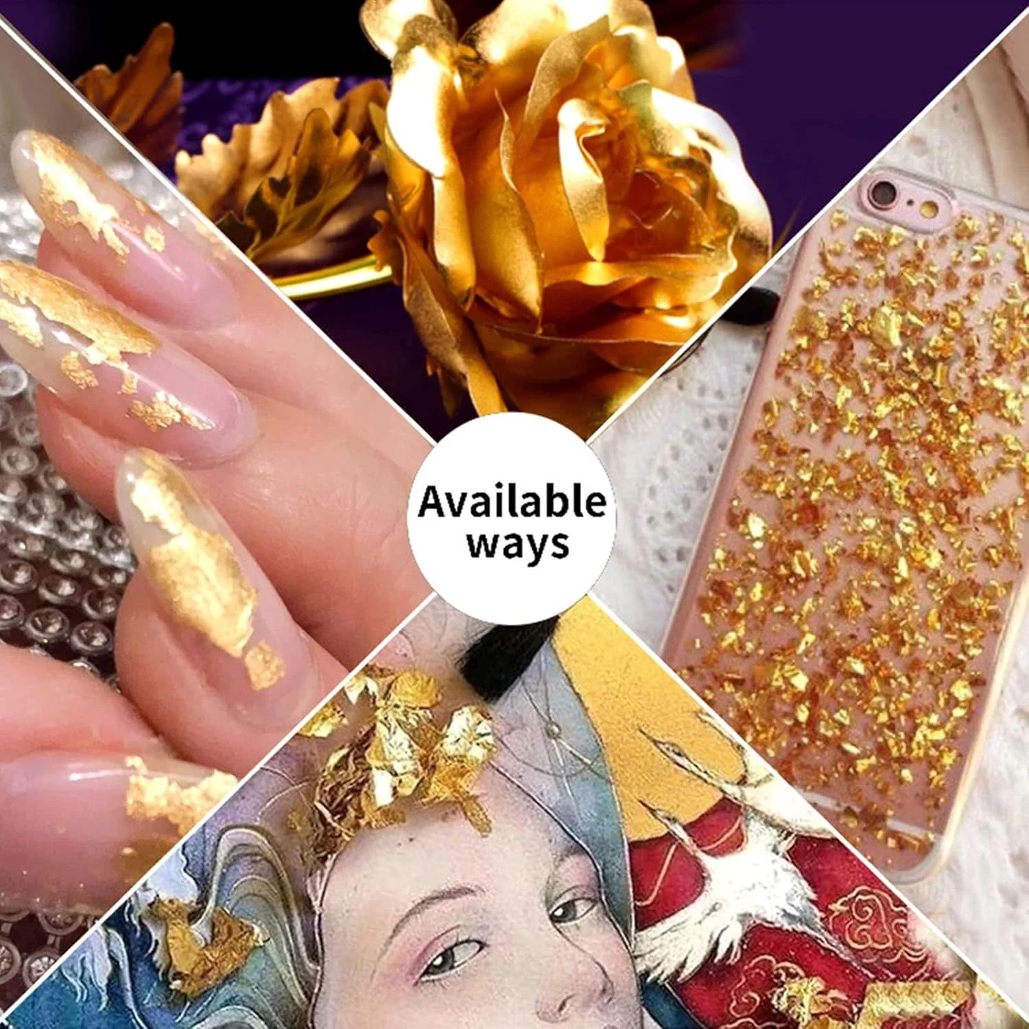 لابیموس، 1 جعبه ورق طلایی، ورق های تزئینی ساخته شده از فویل قلع برای ناخن، نقاشی های DIY، کاردستی، اسلایم و ساخت جواهرات، رنگ های طلایی، نقره ای و مسی