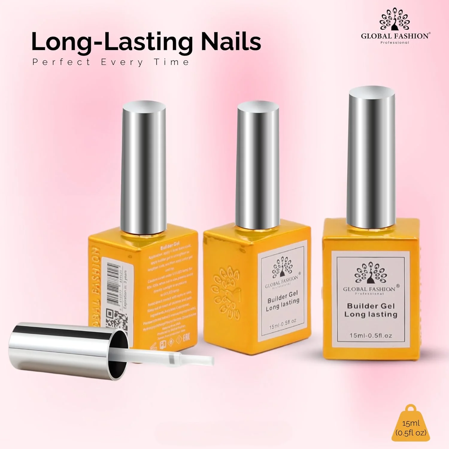 ژل ناخن سازنده حرفه ای گلوبال فشن - ژل شفاف برای ضخیم کردن ناخن، تقویت، ایجاد اپکس، اکستنشن، چسباندن نگین، ژل سخت پخت شده با اشعه ماوراء بنفش/LED 7 در 1، گرید - 15 میلی لیتر