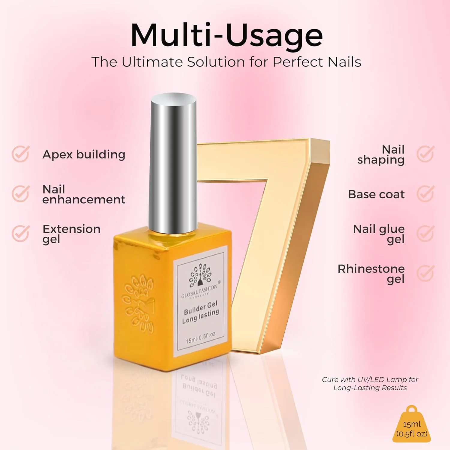 ژل ناخن سازنده حرفه ای گلوبال فشن - ژل شفاف برای ضخیم کردن ناخن، تقویت، ایجاد اپکس، اکستنشن، چسباندن نگین، ژل سخت پخت شده با اشعه ماوراء بنفش/LED 7 در 1، گرید - 15 میلی لیتر