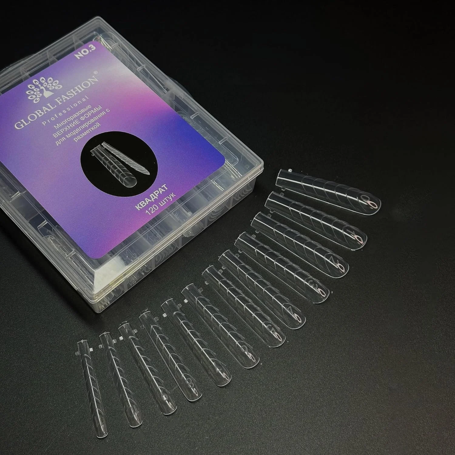 تیپ کاشت ناخن گلوبال فشن - 120 عدد، 12 سایز، فوق العاده بلند، کریستالی شفاف، منحنی C، قوی و انعطاف پذیر، قالب های دوگانه قابل استفاده مجدد برای پلی ژل و بیلدر ژل با جعبه نگهداری (مربعی، شفاف)