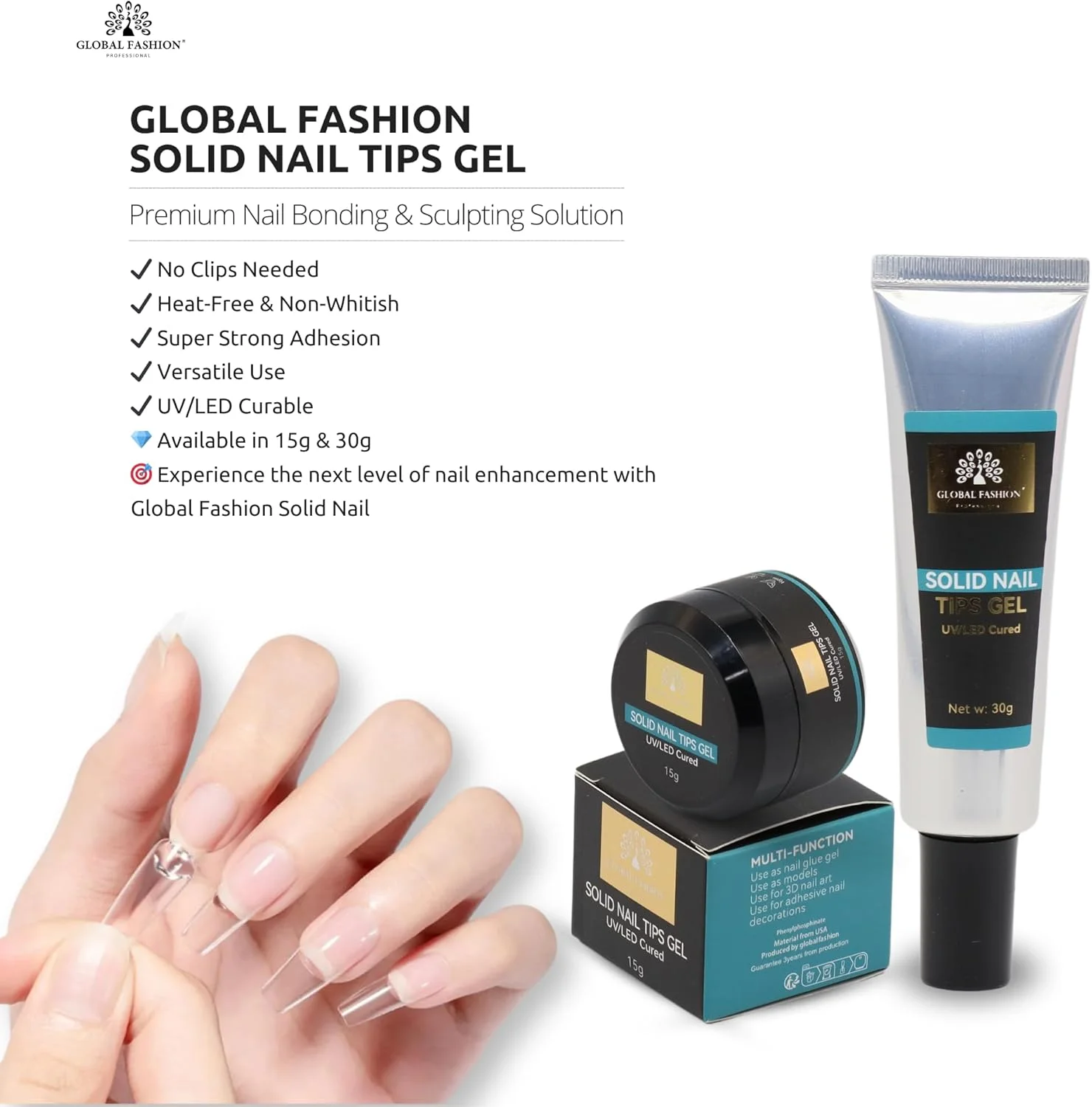 ژل تیپ ناخن جامد گلوبال فشن 15 گرمی - قابل خشک شدن با UV/LED، چسبندگی قوی برای اکستنشن ناخن، بدون سفیدی، بدون لغزش، ژل چسب ناخن بادوام برای ناخن های اکریلیک و چسبی (شفاف، 30 گرم)