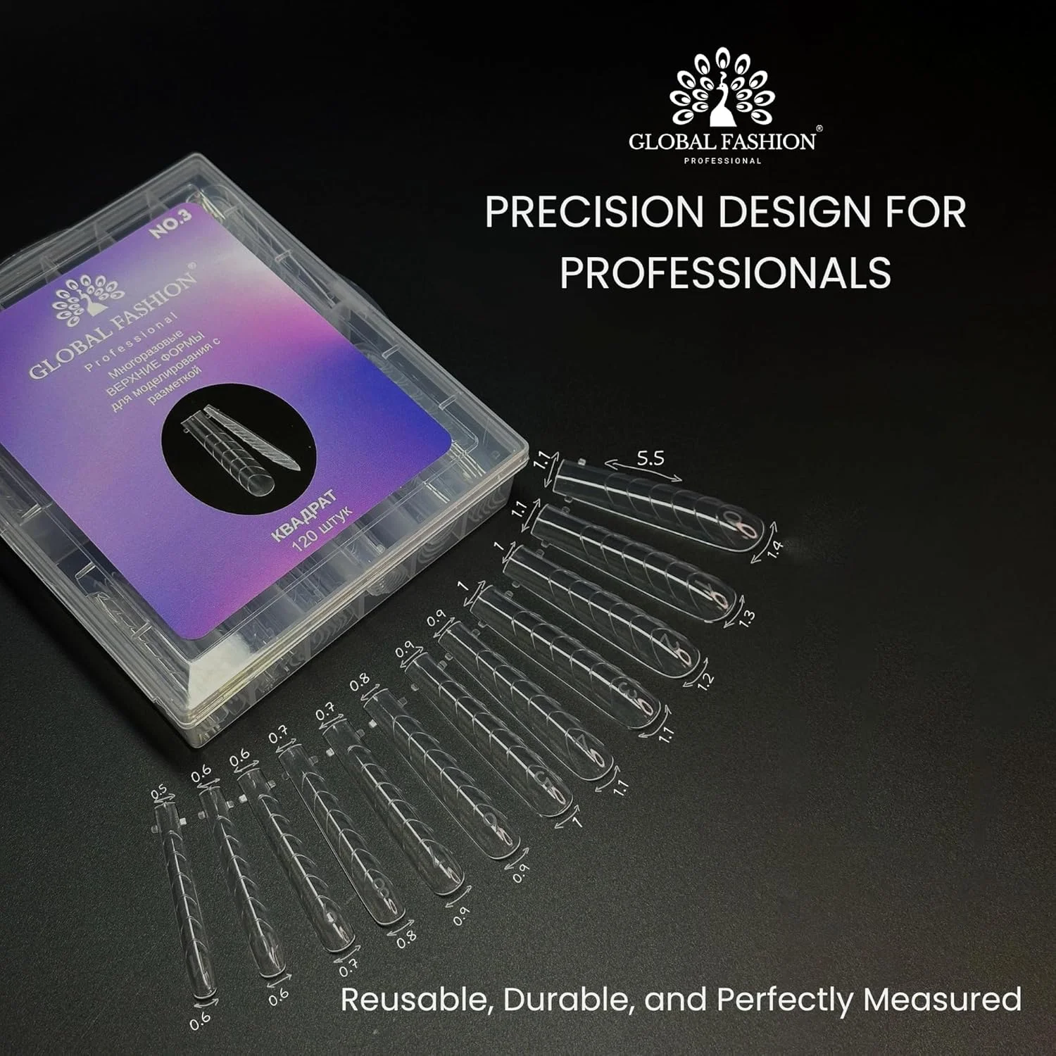 تیپ کاشت ناخن گلوبال فشن - 120 عدد، 12 سایز، فوق العاده بلند، کریستالی شفاف، منحنی C، قوی و انعطاف پذیر، قالب های دوگانه قابل استفاده مجدد برای پلی ژل و بیلدر ژل با جعبه نگهداری (مربعی، شفاف)