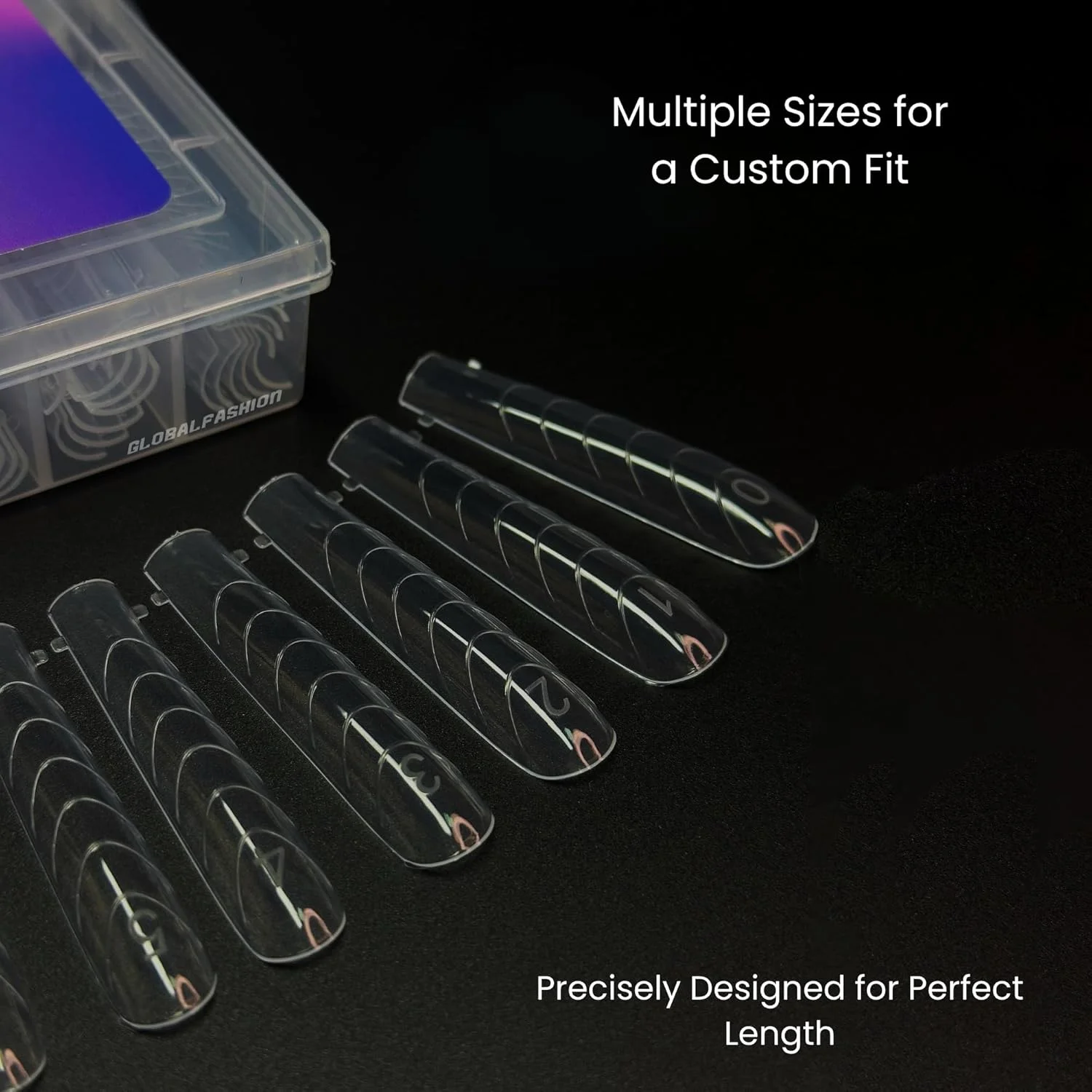 تیپ کاشت ناخن گلوبال فشن - 120 عدد، 12 سایز، فوق العاده بلند، کریستالی شفاف، منحنی C، قوی و انعطاف پذیر، قالب های دوگانه قابل استفاده مجدد برای پلی ژل و بیلدر ژل با جعبه نگهداری (مربعی، شفاف)