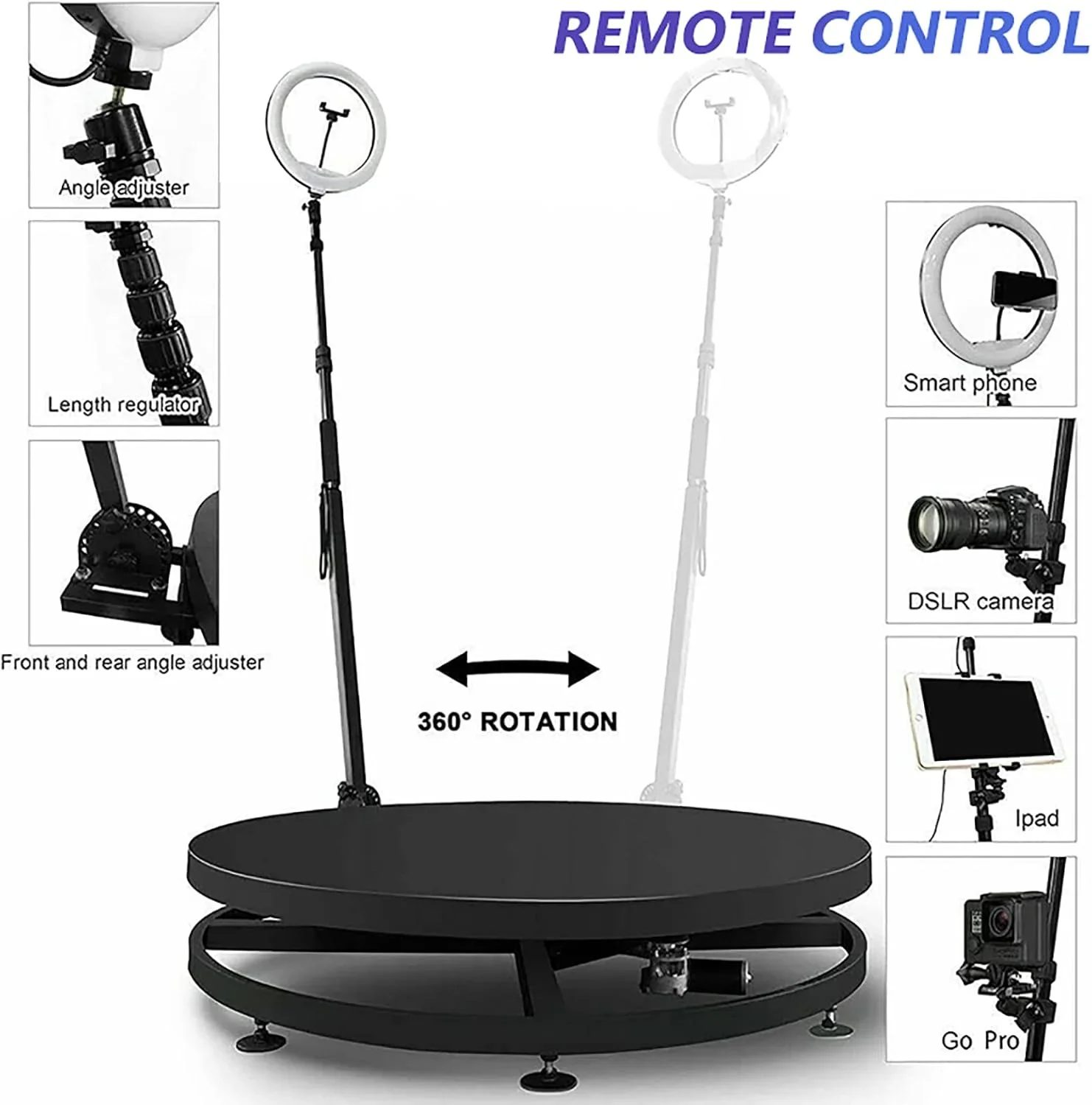 دستگاه عکسبرداری ۳۶۰ درجه SONLED برای مهمانی ها با حلقه نور رایگان لوگو و لوازم جانبی نگهدارنده سلفی، قابلیت ایستادن ۵ نفر روی سکوی چرخان اتوماتیک با کنترل از راه دور