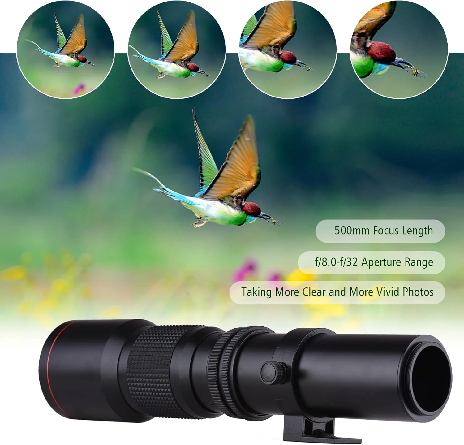 لنز سوپر تله فوتو دوربین عکاسی مورلیان 500mm F/8.0-32 زوم دستی T-Mount + لنز تله کانورتر 2X 500mm + حلقه آداپتور T2-EOS جایگزین برای Canon EOS Rebel T7 T7i T6 T6i T5 80D 77D 700D 70D