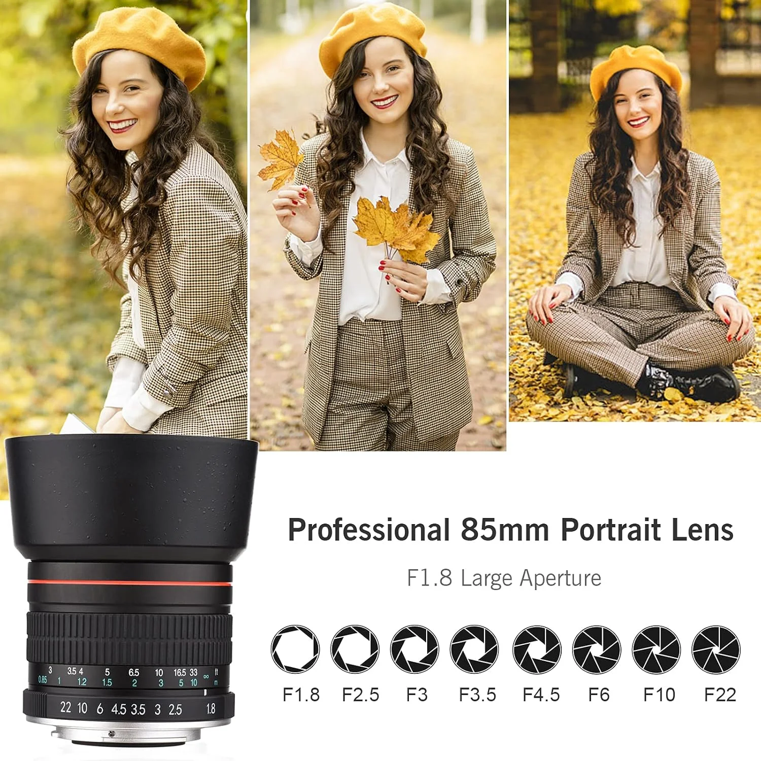 لنز دوربین 85mm F1.8 با دیافراگم بزرگ، تله فوتو متوسط، فول فریم، فوکوس دستی، 7 گروه 10 المان، مانت EF برای عکاسی منظره، معماری، محصول، ورزشی، پرتره، عکس عروسی