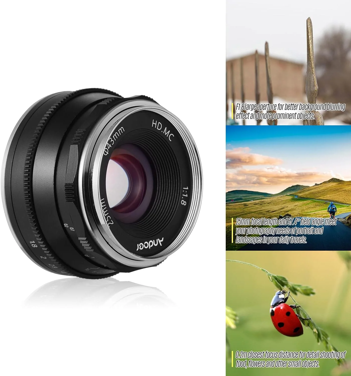 لنز 25 میلی‌متری با دیافراگم بزرگ F1.8 با فوکوس دستی سازگار با Canon M1/ M2/ M3/ M5/ M6/ M10/ M100/ M50 EOS M-Mount