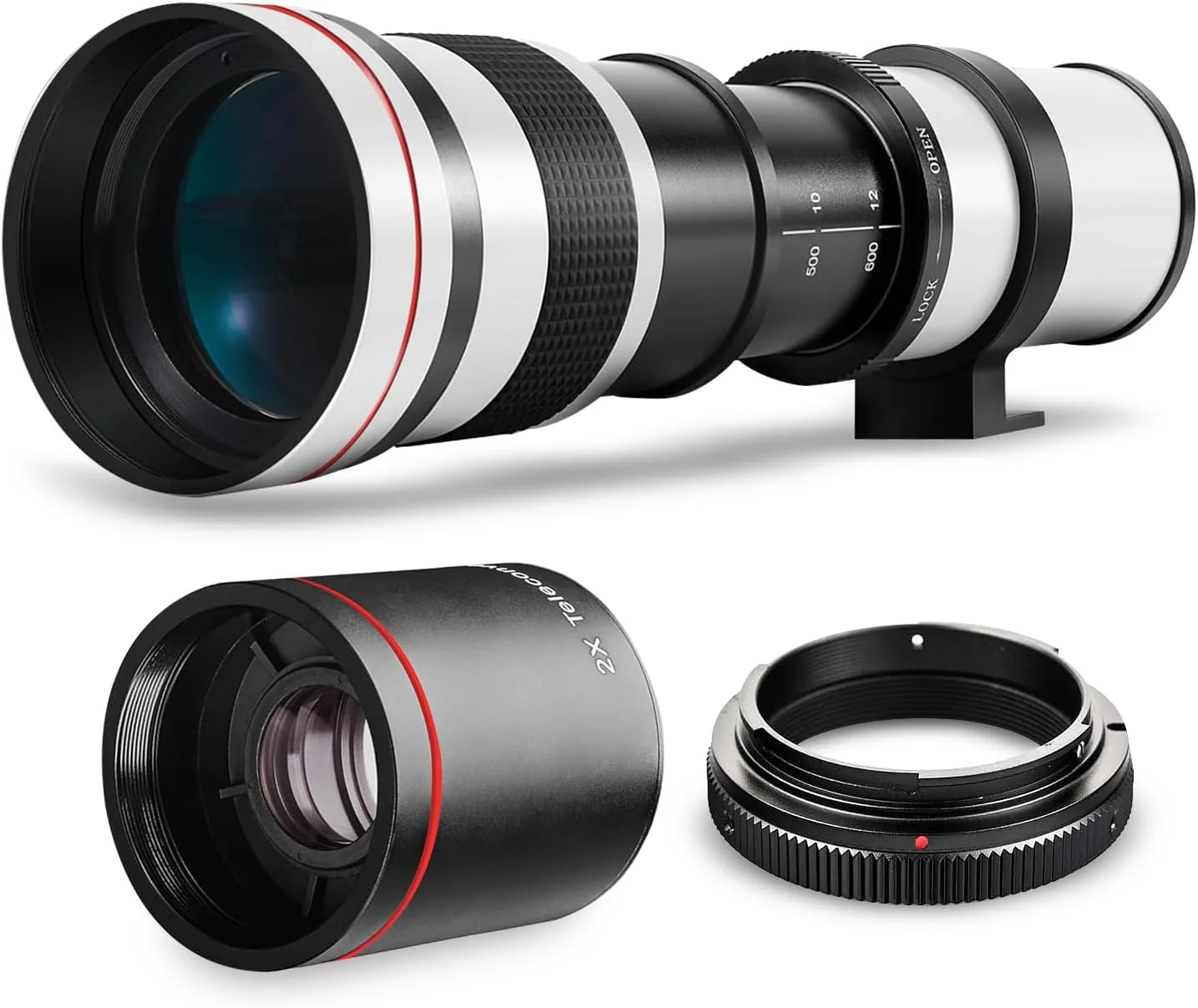 لنز زوم تله فوتو دستی 420-1600 میلی‌متری f/8.3 HD با قدرت بالا برای دوربین‌های Canon EOS 80D, EOS 90D, Rebel T3, T3i, T5, T5i, T6i, T6s, T7, T7I, T8I, SL3, EOS 70D, EOS 5D, EOS5D IV, EOS 6D II, EOS 7D II - سفید