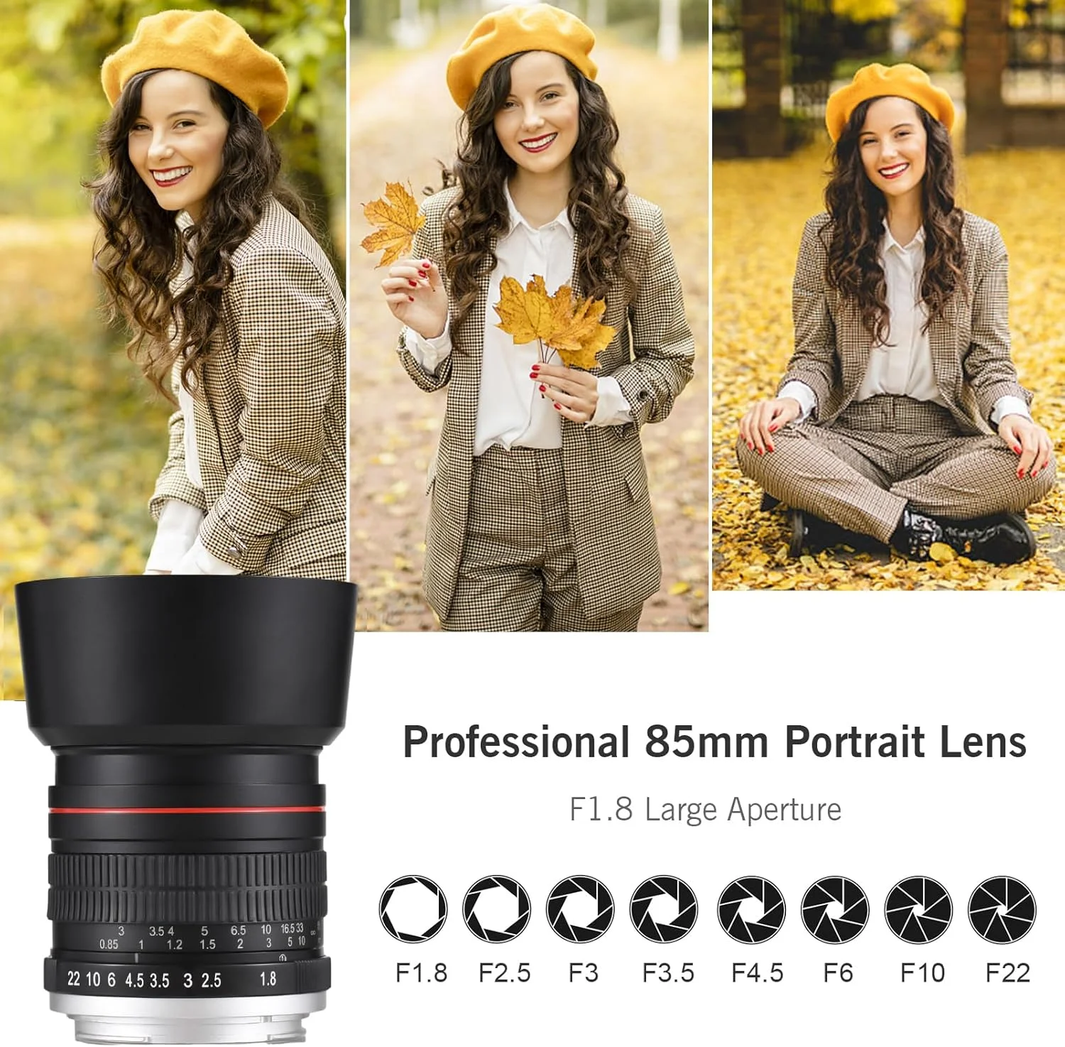 لنز دوربین 85 میلی‌متری با فوکوس ثابت، دیافراگم بزرگ F1.8 و فوکوس دستی با مانت EF، دارای 7 گروه و 10 عدسی، سازگار با Canon EOS Rebel T8i T7i T6 T3i T2i 4000D 2000D 1300D 850D 800D 600D 550D و غیره.