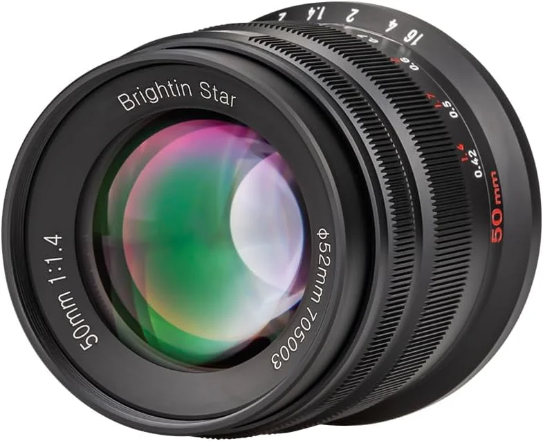 لنز دوربین بدون آینه 50mm F1.4 با دیافراگم بزرگ Brightin Star، فوکوس دستی APS-C، مناسب برای مانت Canon EOS-M مدل های M, M2, M3, M5, M6, M10, M100, M50, M200 (مشکی)