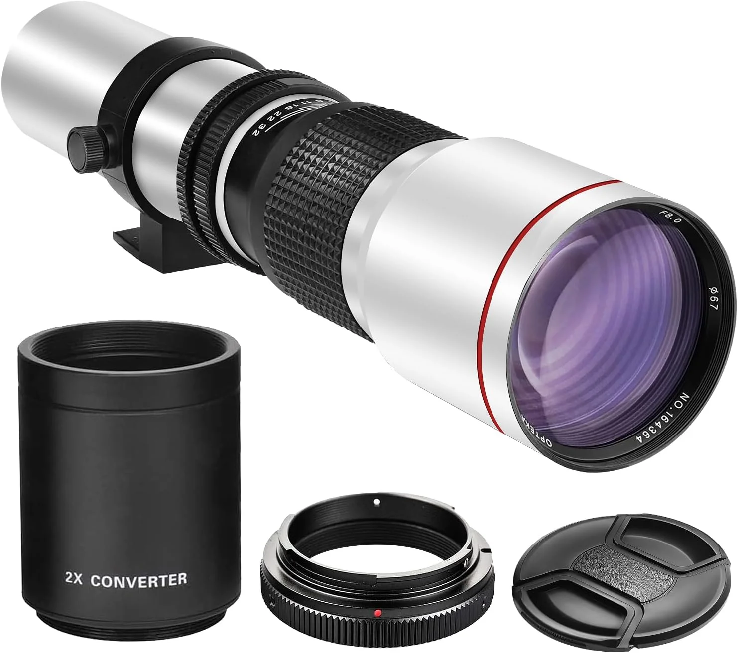 لنز تله فوتو دستی 500mm/1000mm f/8 با توان بالا BM Premium برای دوربین های Canon EOS 80D, 90D, Rebel T3, T3i, T5, T5i, T6i, T6s, T7, T7I, T8I, SL3, 60D, 70D, 5D, EOS5D IV, 6D II, 7D II SLR - سفید