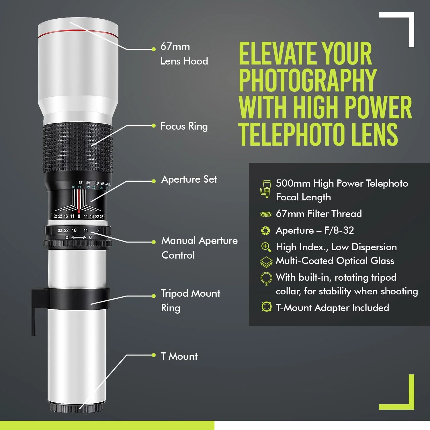 لنز تله فوتو دستی 500mm/1000mm f/8 با توان بالا BM Premium برای دوربین های Canon EOS 80D, 90D, Rebel T3, T3i, T5, T5i, T6i, T6s, T7, T7I, T8I, SL3, 60D, 70D, 5D, EOS5D IV, 6D II, 7D II SLR - سفید