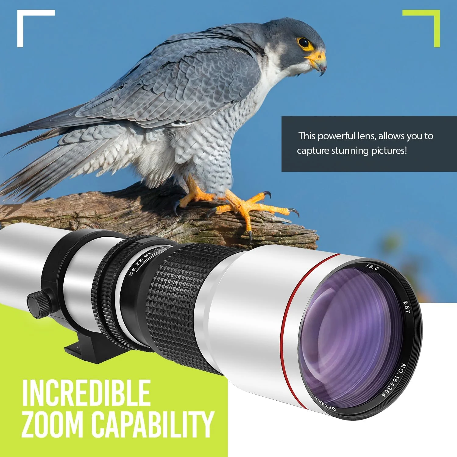 لنز تله فوتو دستی 500mm/1000mm f/8 با توان بالا BM Premium برای دوربین های Canon EOS 80D, 90D, Rebel T3, T3i, T5, T5i, T6i, T6s, T7, T7I, T8I, SL3, 60D, 70D, 5D, EOS5D IV, 6D II, 7D II SLR - سفید