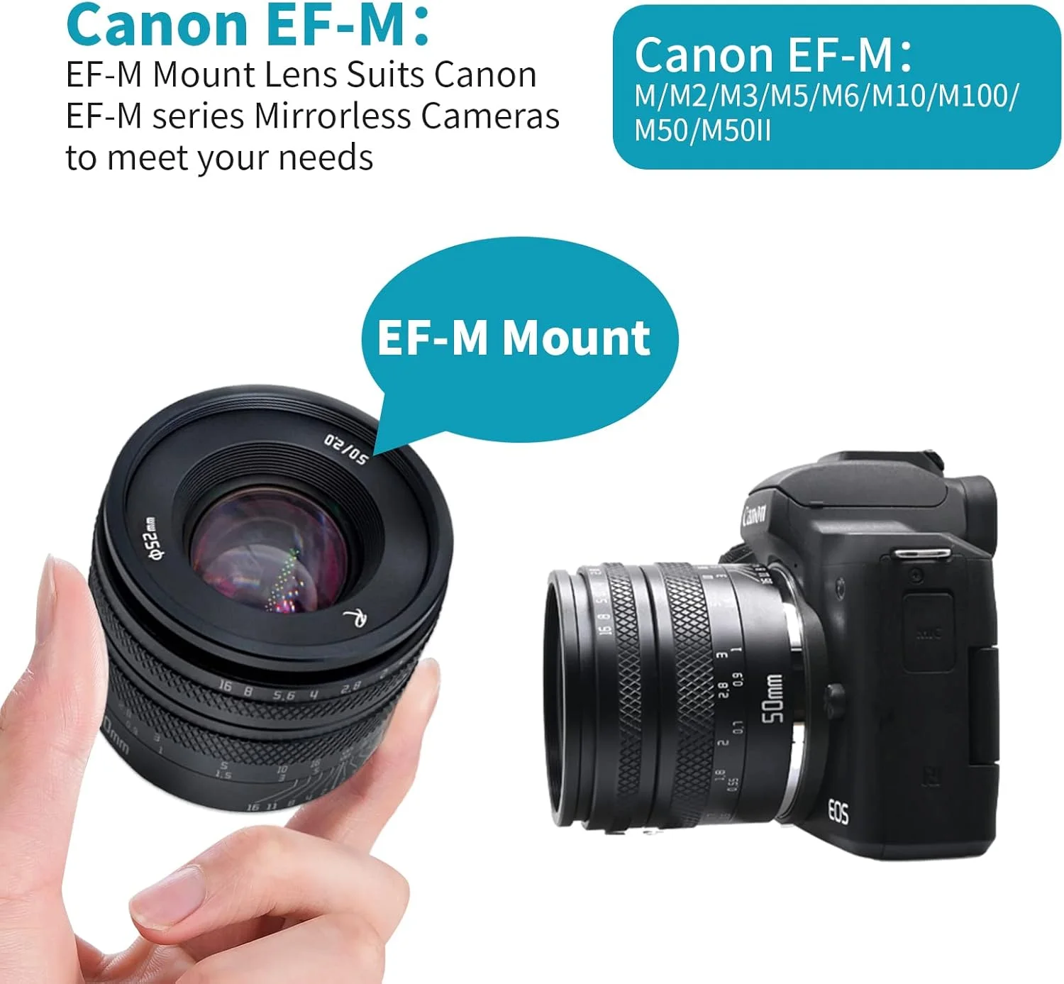 لنز 50 میلی‌متری F2.0 آسترهوری با دیافراگم بزرگ، لنز فول فریم دستی سازگار با دوربین‌های بدون آینه Canon EF-M-Mount مدل‌های M, M2, M3, M5, M6, M10, M100, M50, M50II و غیره (مشکی)