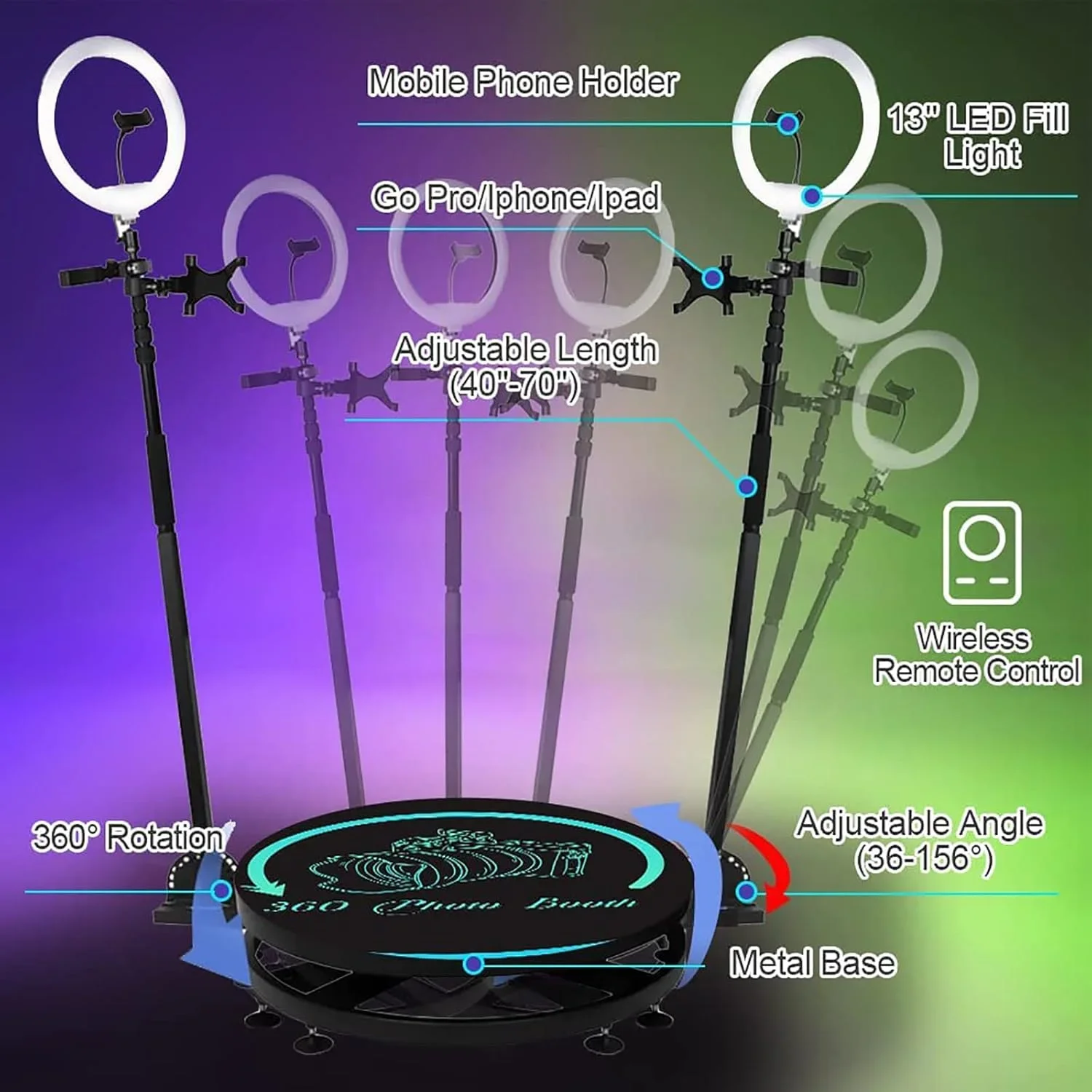 دستگاه عکاسی 360 درجه برای مهمانی ها، سکوی سلفی چرخان 360 درجه اتوماتیک با کنترل از راه دور برای مهمانی، عروسی، تولد، پخش زنده