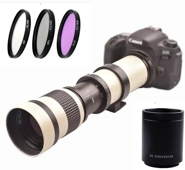 لنز زوم سوپر تله فوتو 420-800 میلی‌متری MF Lightdow با مانت T و دیافراگم F/8.3-16 + مجموعه فیلترهای /CPL/FLD برای دوربین‌های کانن، نیکون، سونی، پنتاکس (سفید سامسونگ)