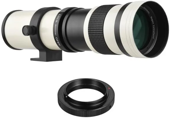 لنز زوم تله فوتو دستی Lightdow 420-800mm F/8.3-16 به همراه حلقه های آداپتور T2 برای دوربین های کانن، نیکون، سونی، پنتاکس، المپوس (Fujis XF سفید)