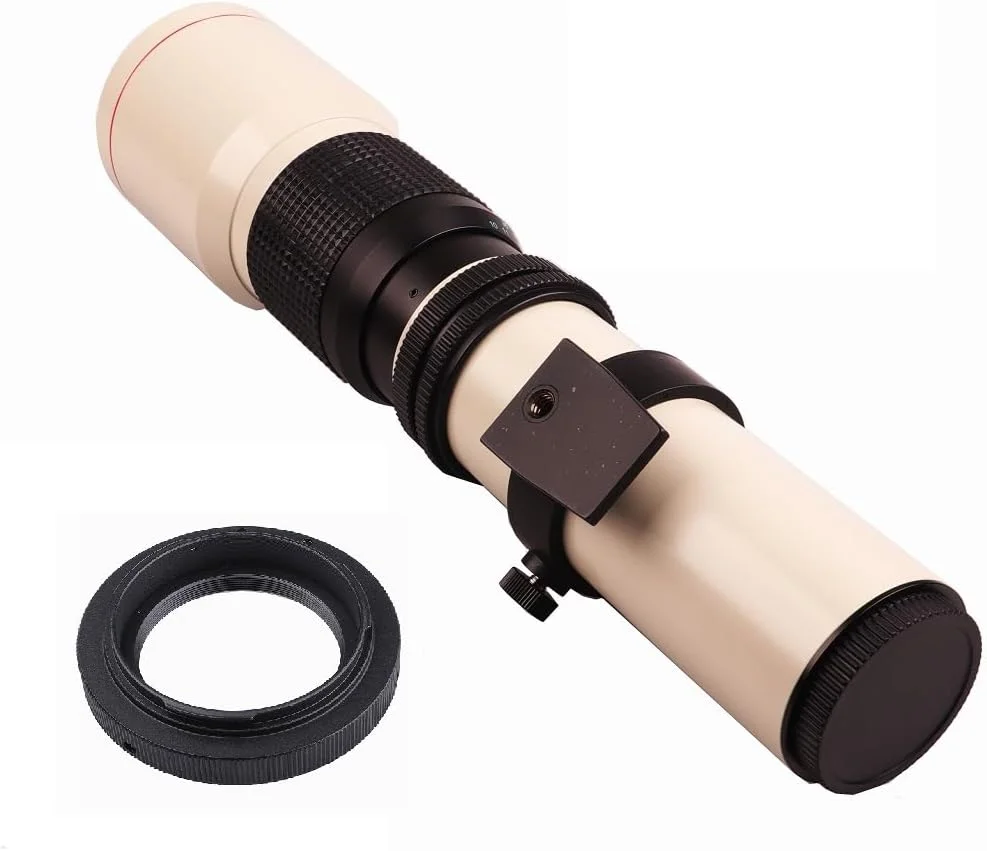 لنز تله فوتو زوم دستی 500 میلی‌متری Lightdow سفید F8.0-F32 به همراه حلقه آداپتور T2 برای دوربین‌های کانن، نیکون، سونی و المپوس (Canon RF)