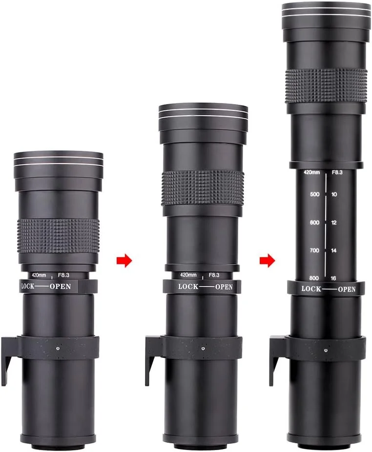 لنز زوم تله فوتو دستی Lightdow 420-800mm F/8.3-16 به همراه حلقه های آداپتور T2 برای دوربین های کانن، نیکون، سونی، پنتاکس، المپوس (Fujis XF سفید)