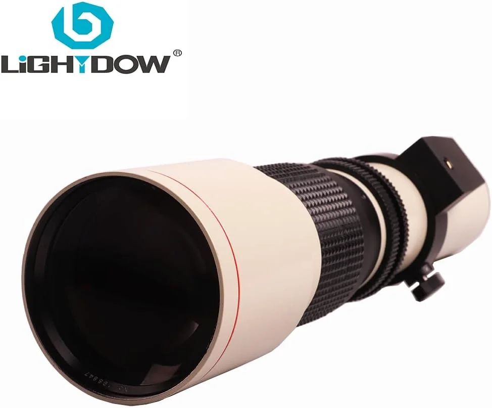 لنز تله فوتو زوم دستی 500 میلی‌متری Lightdow سفید F8.0-F32 به همراه حلقه آداپتور T2 برای دوربین‌های کانن، نیکون، سونی و المپوس (Canon RF)