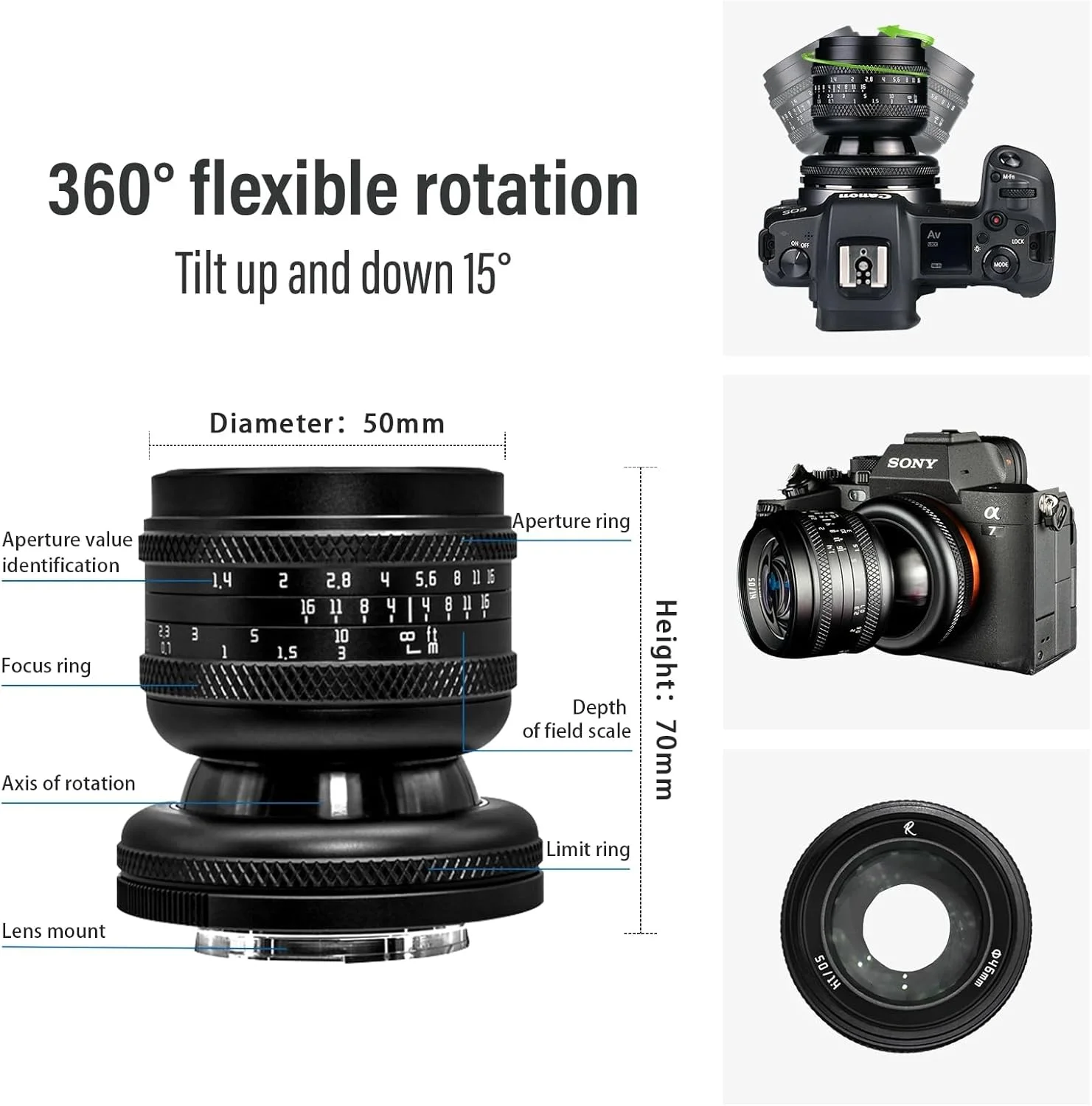 AECAM - CAMAECAM - لنز دستی فول فریم AstrHori 50mm F1.4 با دیافراگم باز، لنز شیب دار 2 در 1، سازگار با اندروید، کانن RF، فوجی X، نیکون Z، M43، لایکا L مانت (50mm F1.4 E mount)