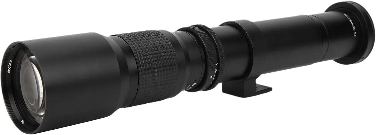 لنز تله فوتو 500 میلی‌متری با فوکوس دستی F8F32 - لنز تله فوتو شیشه ای اپتیکال - به همراه لنز بزرگنمایی 2X - برای حیوانات وحشی، مناظر طبیعی - برای دوربین های SLR با مانت Canon EFS (مشکی)