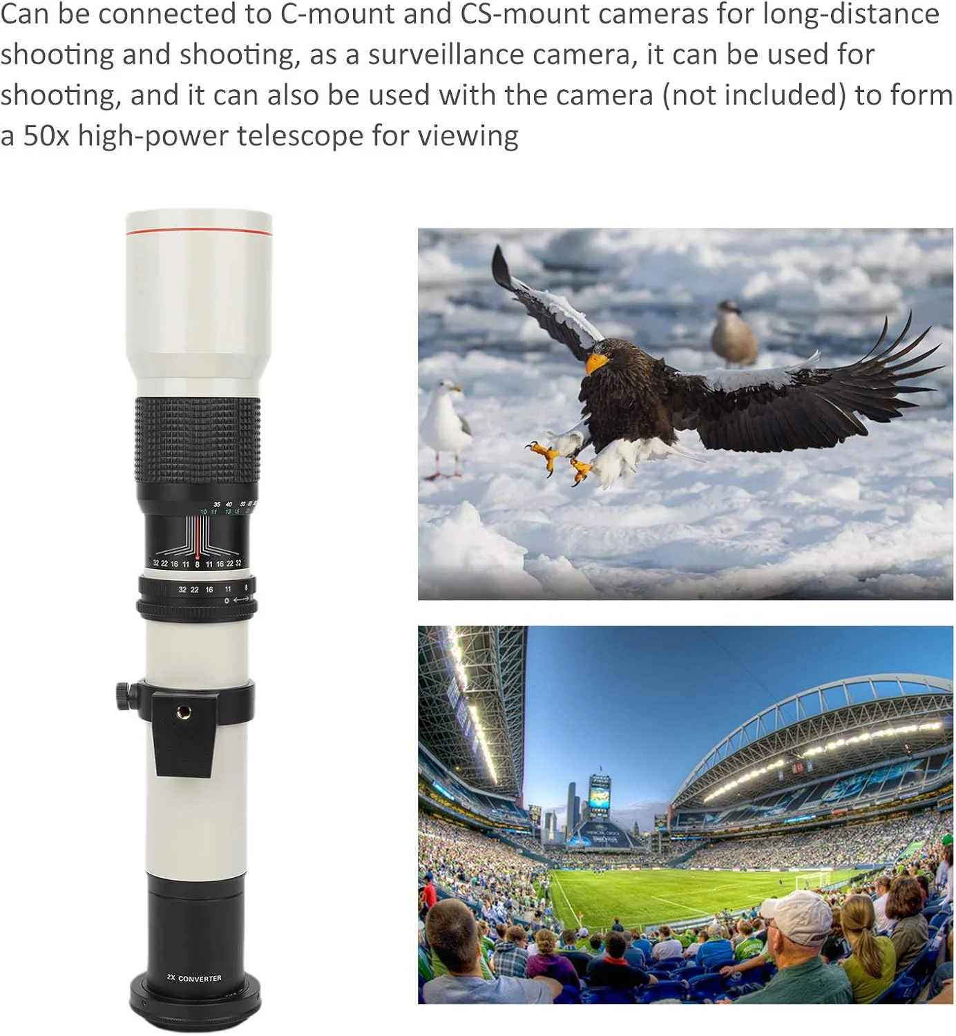 لنز تله فوتو 500mm F8F32 با فوکوس دستی - لنز تله فوتو شیشه ای اپتیکال - با لنز بزرگنمایی 2X - برای حیوانات وحشی، مناظر طبیعی - برای دوربین های SLR با مانت Canon EFS (سفید)