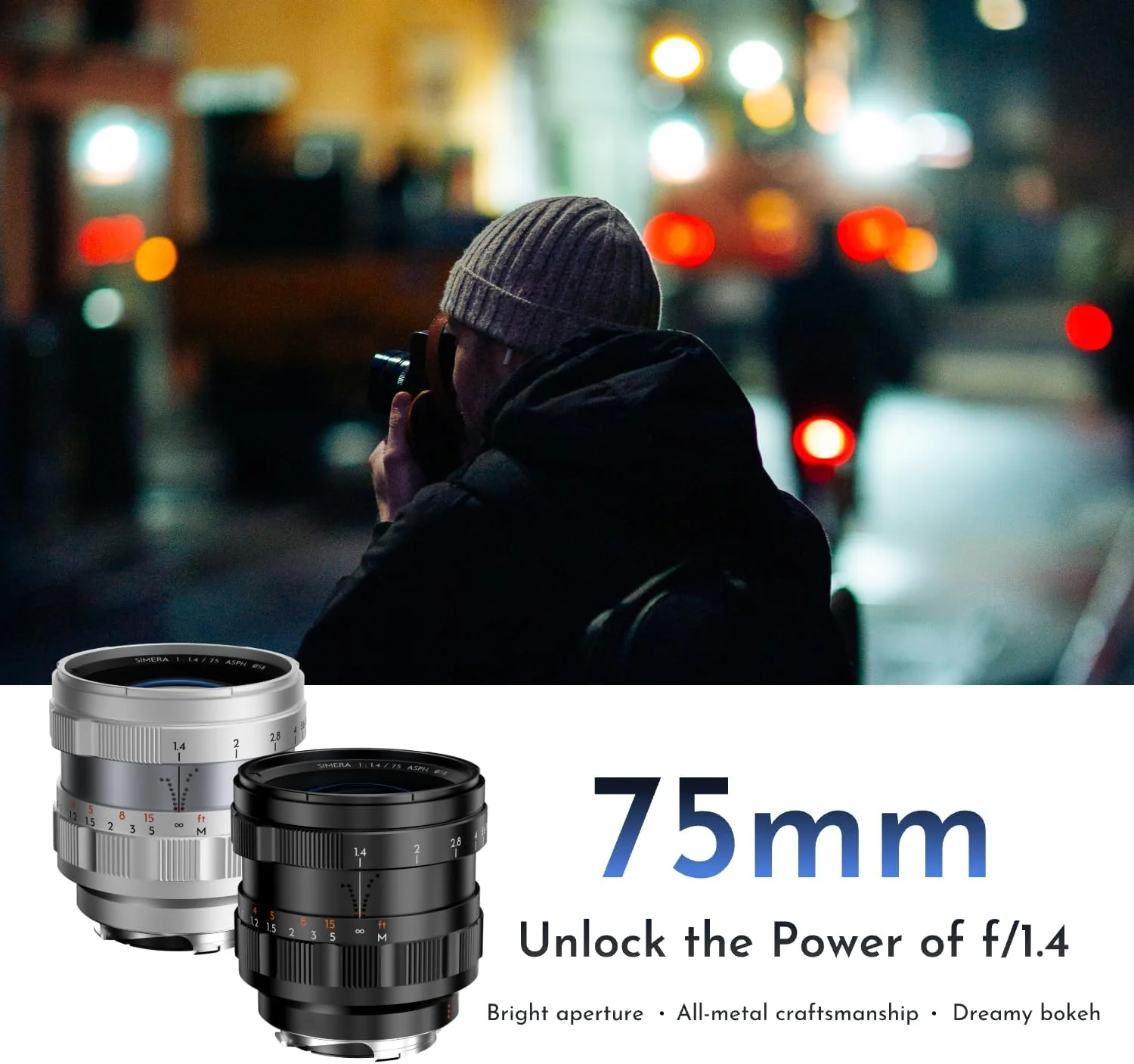 لنز تله فوتو فول فریم Thypoch Simera 75mm F1.4 برای دوربین های لایکا، لنز مانت M با فوکوس دستی Leica M2 M4 M6 M9 M9-P M 240 M-P 240 M 262 M10-P M10-R M11 نقره ای