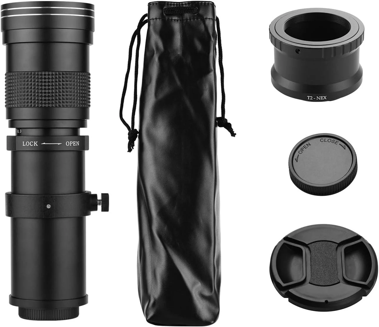 لنز تله فوتو 420-800 میلی‌متری F/8.3-16 با مانت T و آداپتور T2-NEX به همراه درپوش‌های جلو و عقب، فوکوس دستی، لنز زوم سوپر تله فوتو برای دوربین NEX (مشکی)