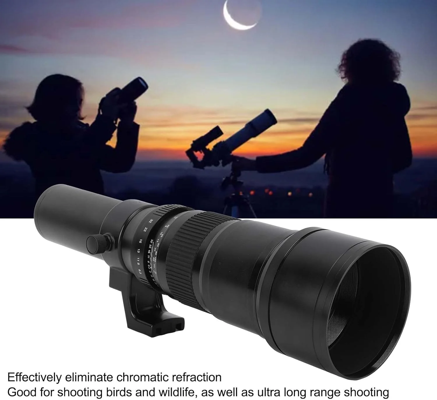 لنز دوربین 500mm F6.3 دستی، لنزهای تله فوتو، لنز تله فوتو با فوکوس دستی به همراه حلقه آداپتور T2 FX و مقیاس دقیق برای عکاسی از مناظر، پرندگان و حیات وحش (مشکی)