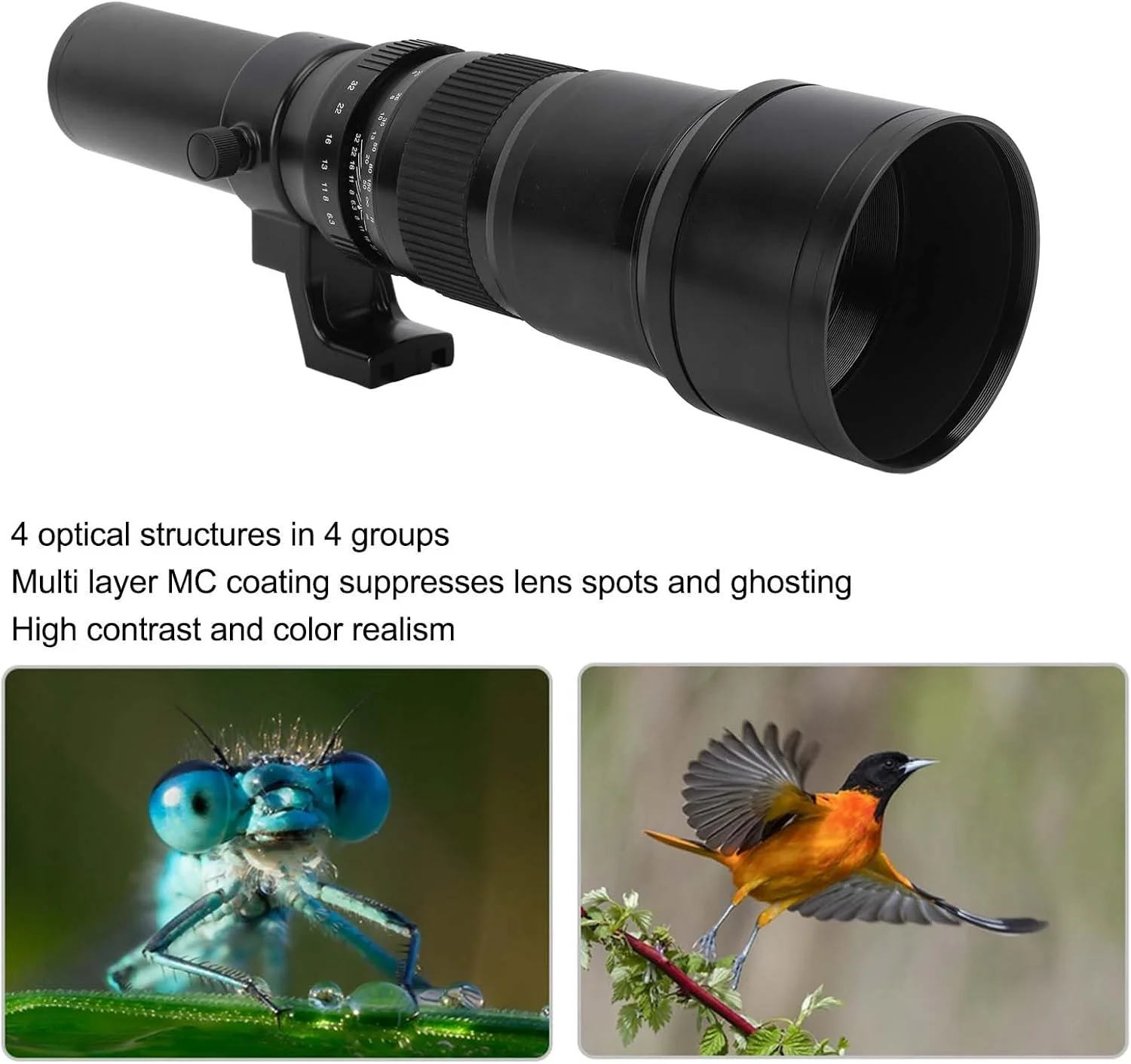 لنز دوربین 500mm F6.3 دستی، لنزهای تله فوتو، لنز تله فوتو با فوکوس دستی به همراه حلقه آداپتور T2 FX و مقیاس دقیق برای عکاسی از مناظر، پرندگان و حیات وحش (مشکی)