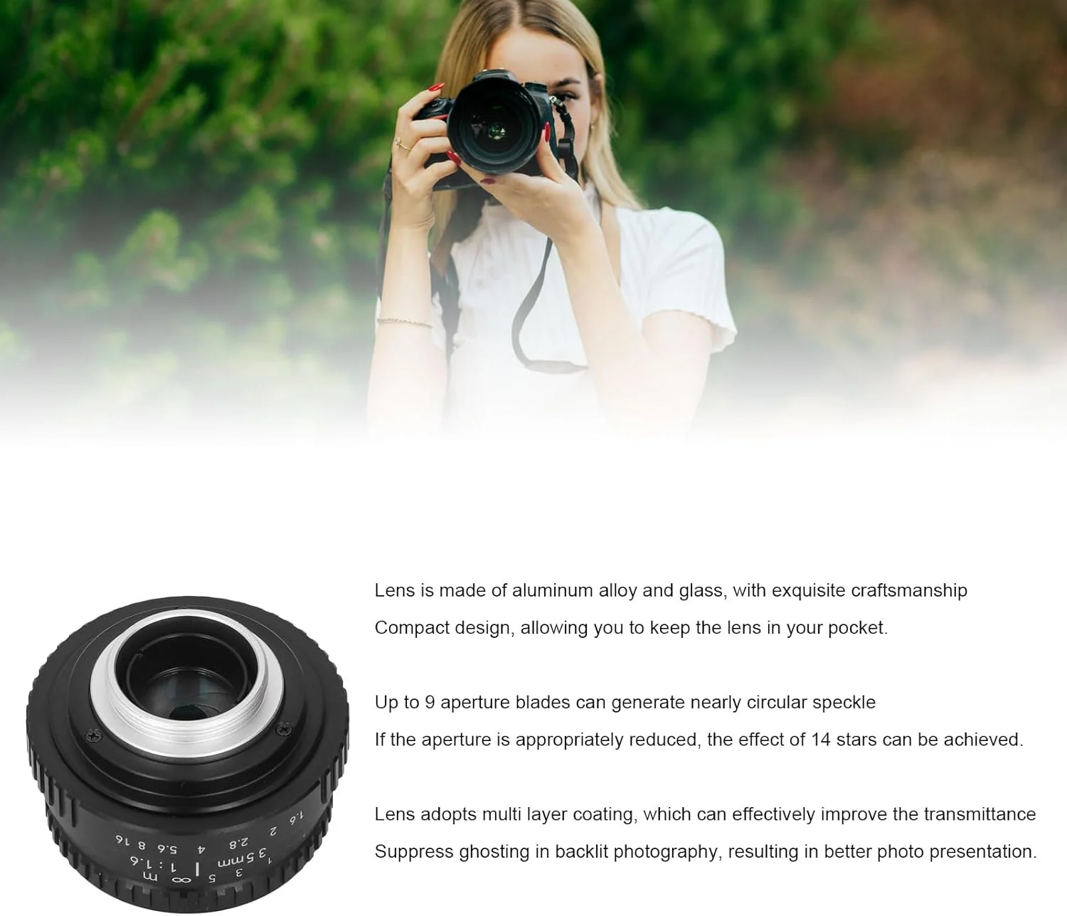 لنز 35 میلی‌متری F1.6 APS C با فوکوس دستی، فریم آلیاژ آلومینیوم و پوشش چند لایه