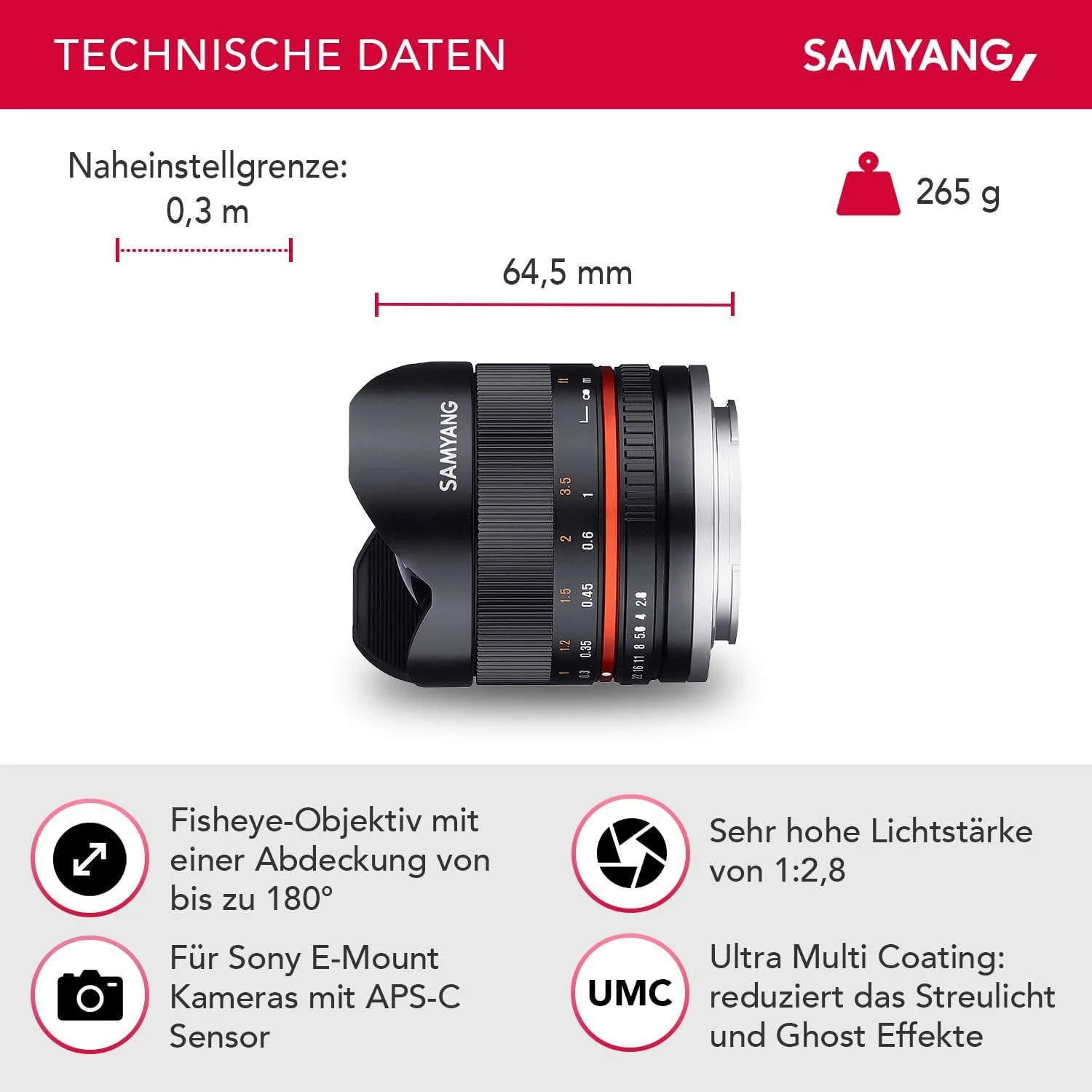 لنز چشم‌ماهی 8 میلی‌متری F2.8 II Samyang با فوکوس دستی برای Sony-E - مشکی