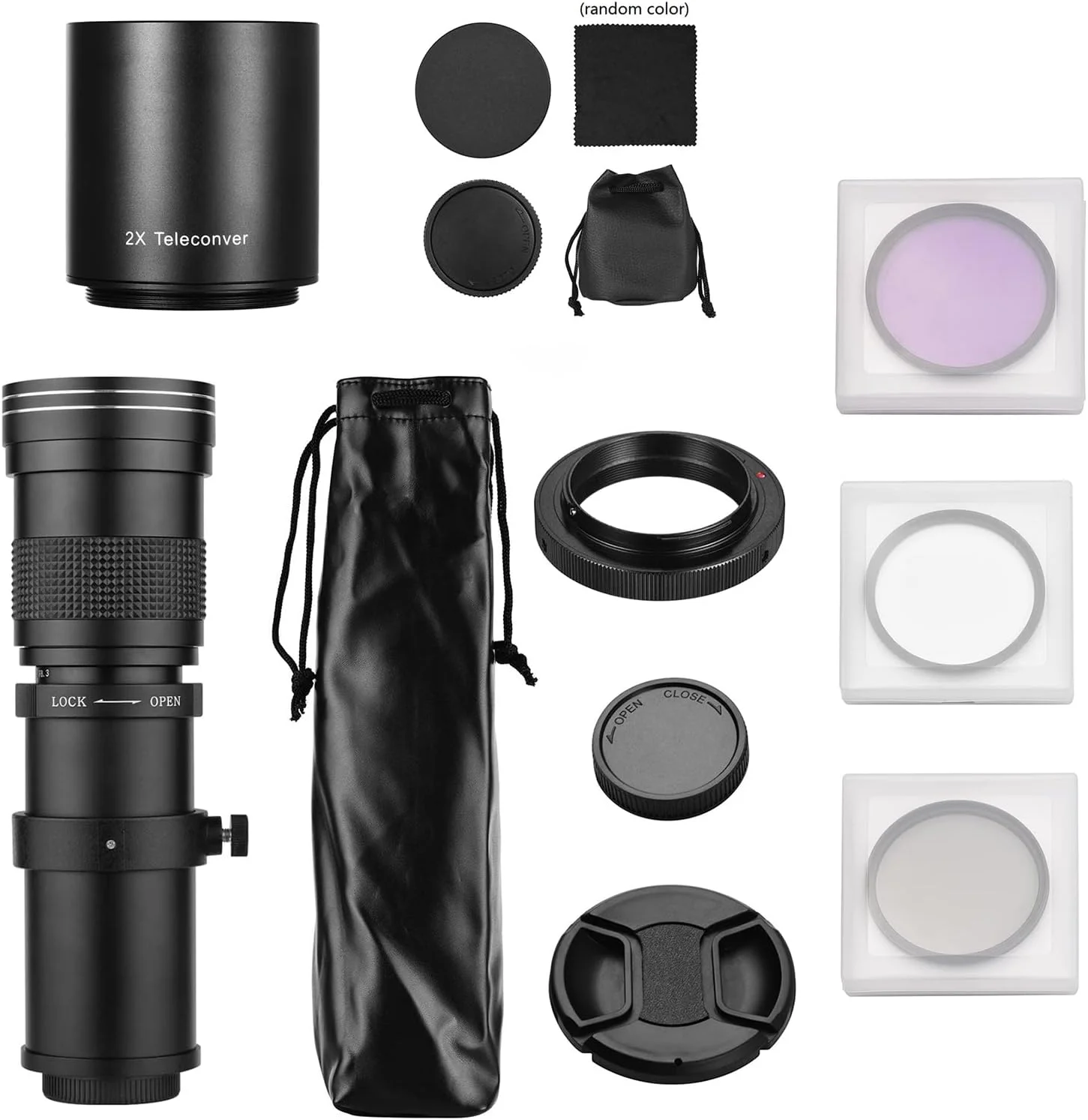 لنز دوربین سوپر تله فوتو زوم MF با مانت T مدل F/8.3-16 420-800mm + مجموعه فیلترهای UV/CPL/FLD + لنز تله کانورتور 2X 420-800mm + حلقه آداپتور T2-EOS جایگزین برای Ni-kon AI Mount D850 D810 D800