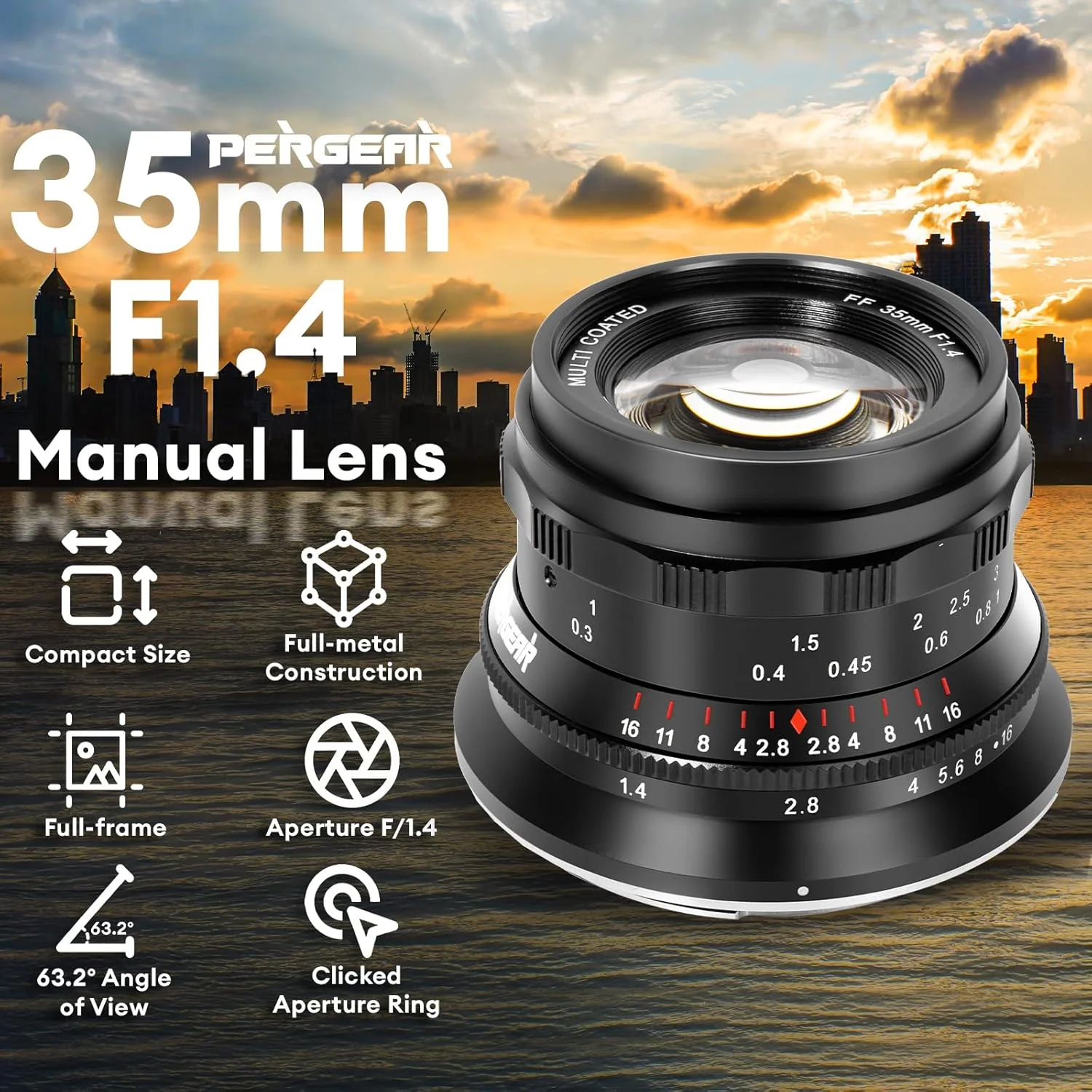 لنز 35mm F1.4 فول فریم با فوکوس دستی PERGEAR، سازگار با دوربین های سونی E-Mount مدل های A7 A7II A7III A7R A7RII A7RIII A7RIV A7S A7SII A7SIII A9 A7C A6400 A6000 A6600 A6100 A6500 A6300