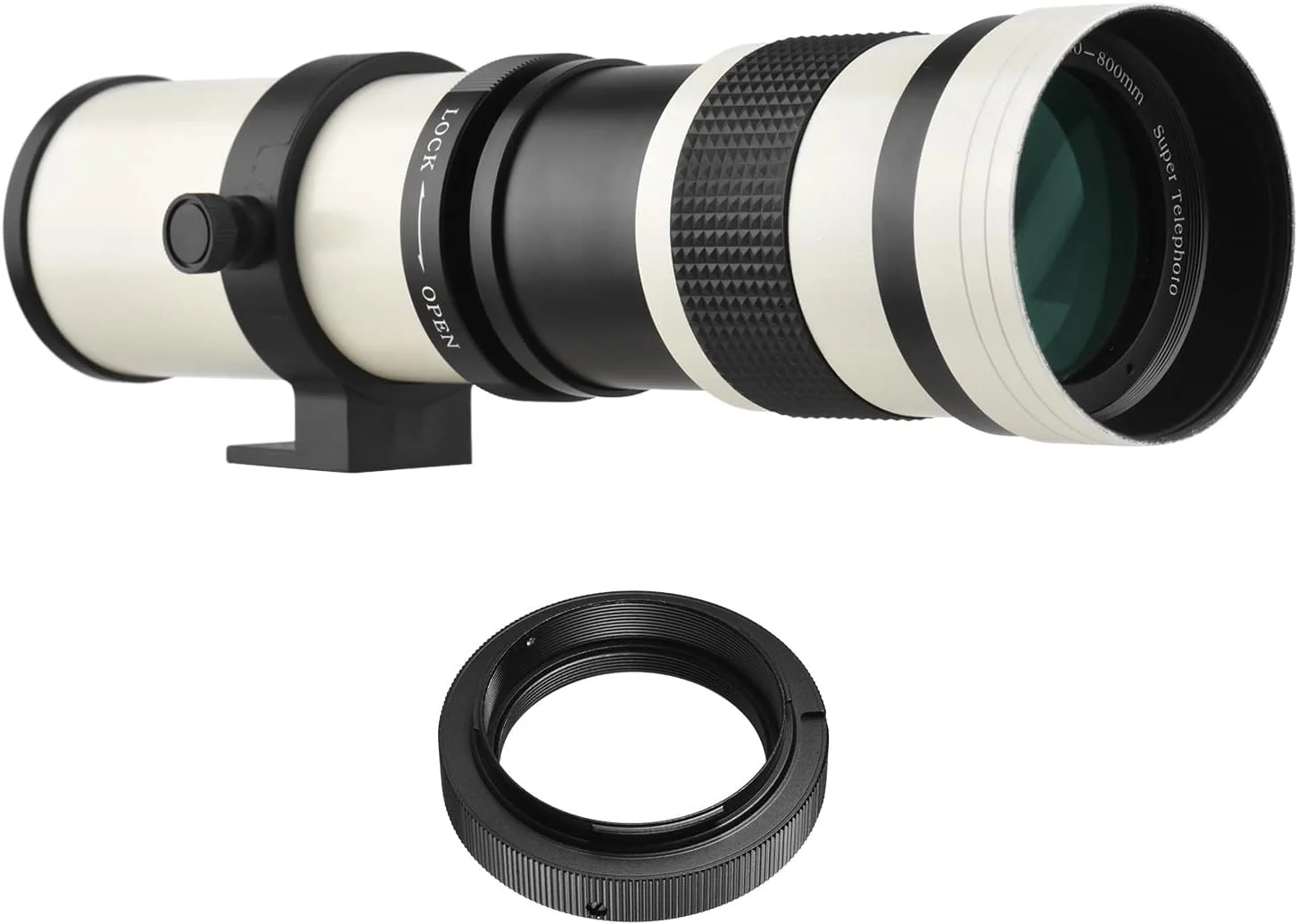لنز زوم سوپر تله فوتو دوربین Morelian MF با مانت T2، دیافراگم F/8.3-16، فاصله کانونی 420-800 میلی متر به همراه حلقه آداپتور مانت AF و رزوه 1/4 اینچی یونیورسال، جایگزین برای دوربین های سونی آلفا مانت A55 A33 A550 A500 A100 A200 A700 A300 A350