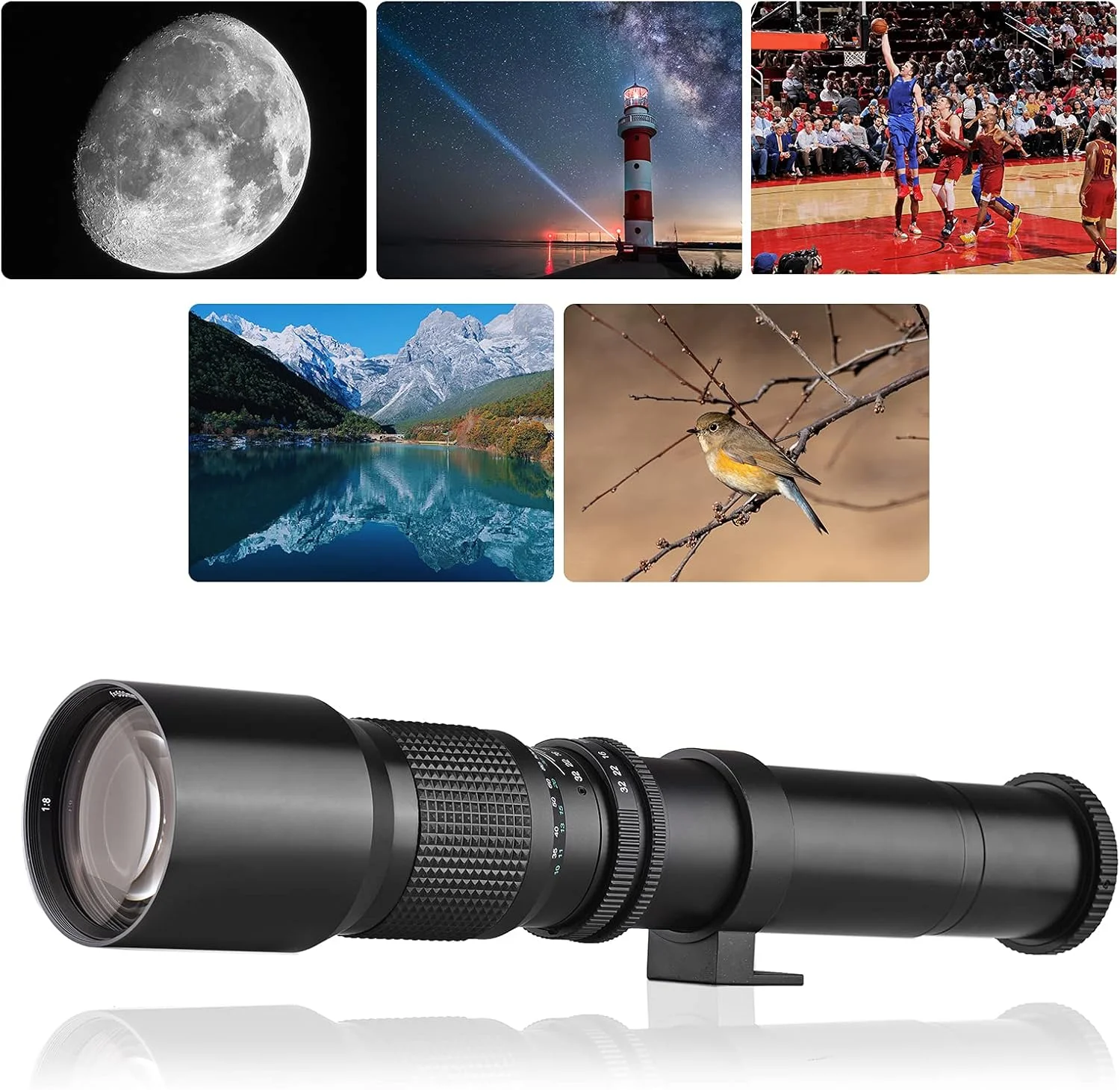 لنز تله فوتو دوربین 500mm 1000mm f8 با قدرت بالا، فوکوس دستی به همراه مبدل 2X، پوشش لنز، محافظ لنز و کیف حمل برای عکاسی از مناظر، استیج و رویدادهای ورزشی