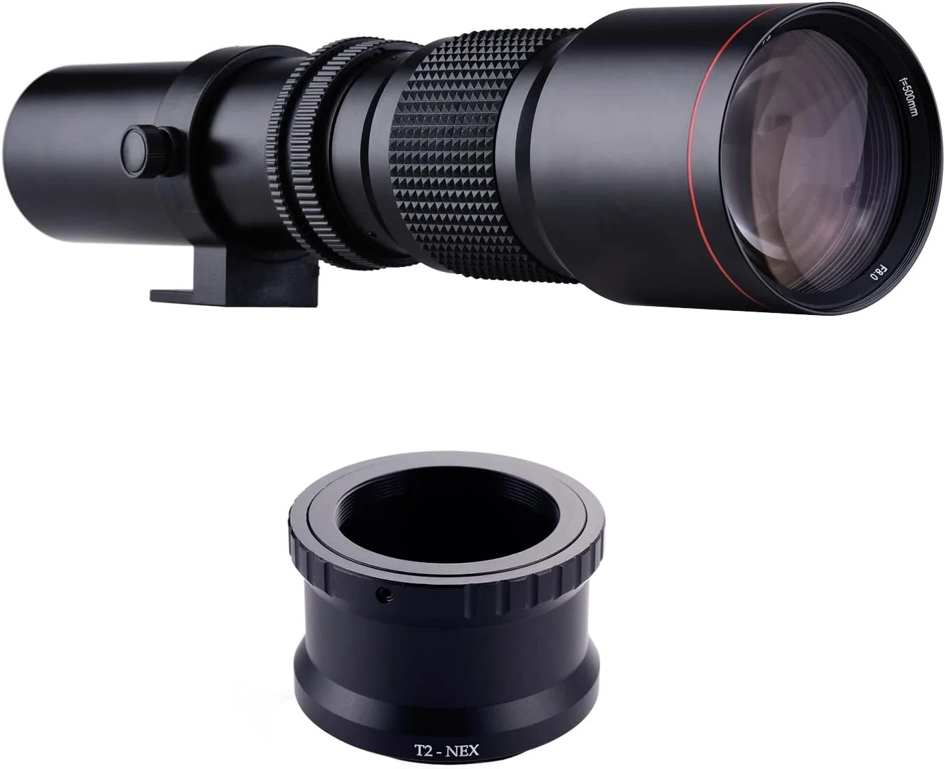 لنز زوم دستی سوپر تله فوتو 500mm F/8.0-32 با پوشش چند لایه Moriasan + کیت حلقه آداپتور T-Mount به NEX-E سازگار با دوربین های Sony سری A9/A7/A7R، A5000/6000/6500، NEX-7/6