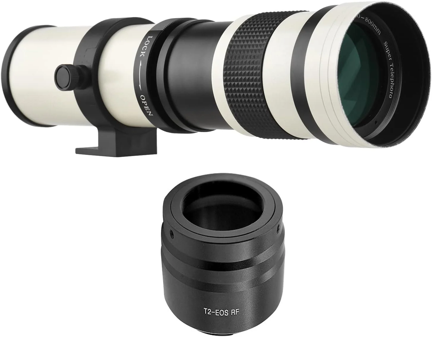 لنز زوم سوپر تله فوتو دوربین Labymos MF مدل F/8.3-16 420-800mm با مانت T2 به همراه حلقه آداپتور مانت RF و رزوه 1/4 جایگزین برای دوربین های Canon EOS R/ R3/ R5/ R5C/ R6/ RP با مانت RF