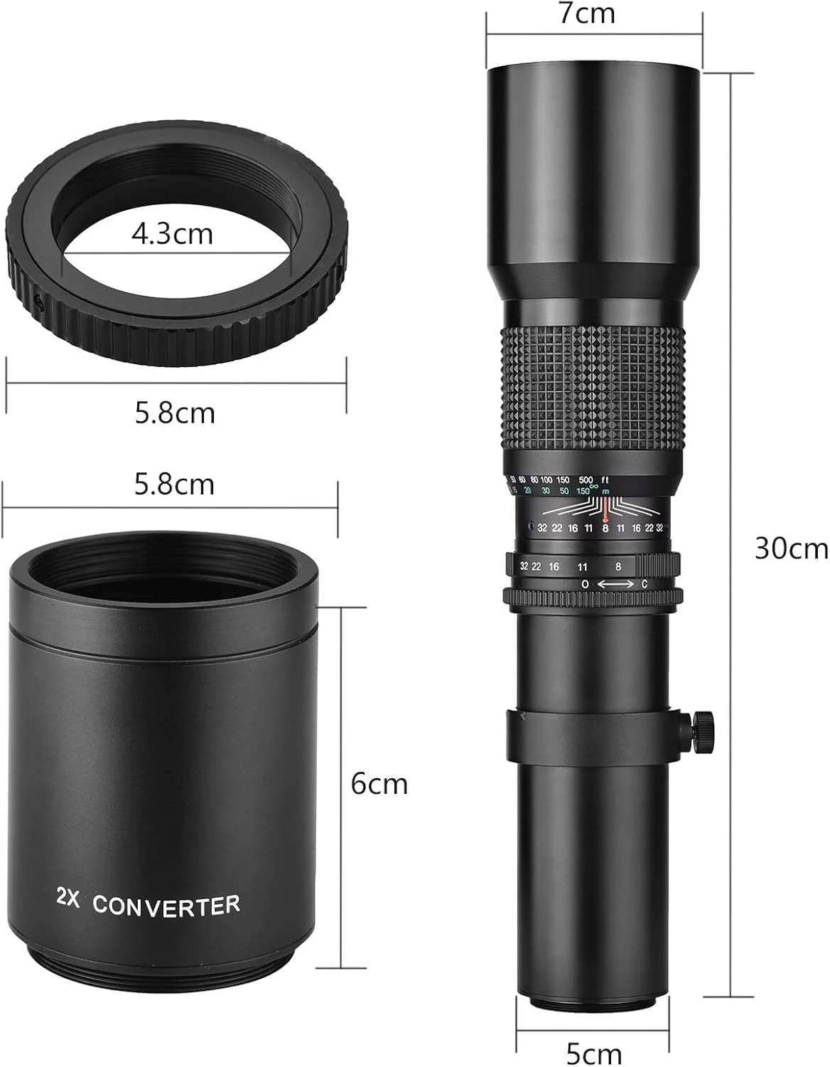 لنز تله فوتو دوربین Labymos 500mm/1000mm f/8 با قدرت بالا، فوکوس دستی به همراه مبدل 2X، پوشش لنز، محافظ لنز و کیف حمل برای عکاسی از مناظر، استیج و رویدادهای ورزشی
