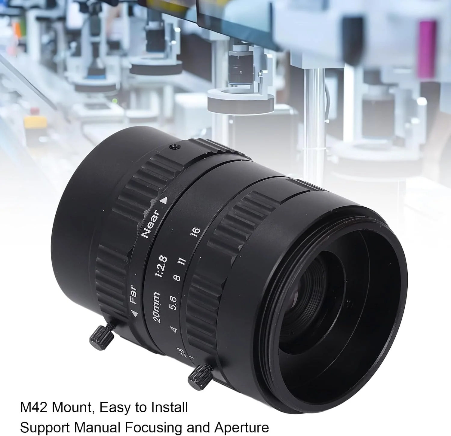 لنز صنعتی 20mm F2.8 با مانت M42، فوکوس دستی، مناسب برای بازرسی قطعات الکترونیکی نیمه هادی و LCD